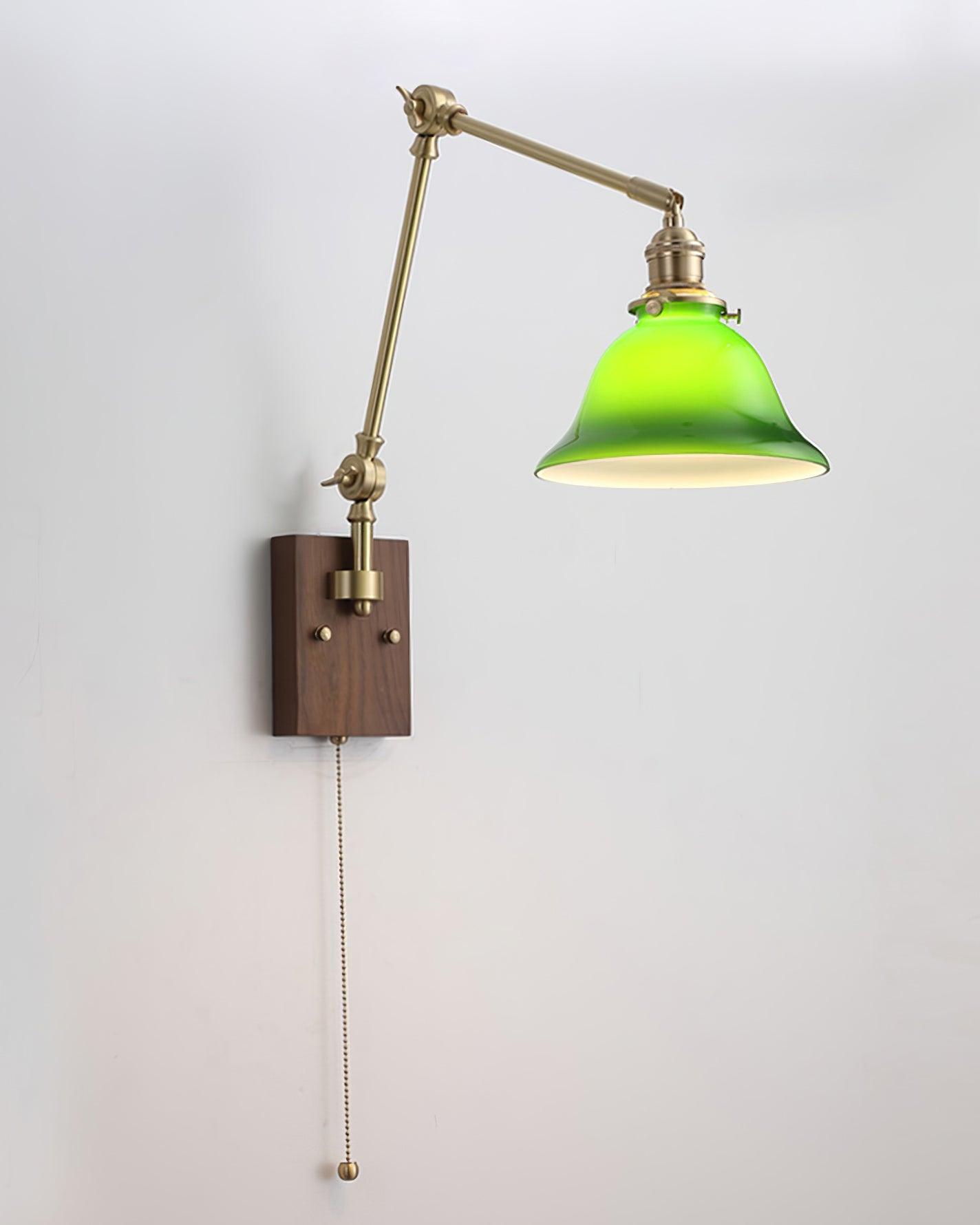 Wall Lamp Brass and Glass Shade Walnut Wood Base Adjustable Arm Vintage - Letslighting