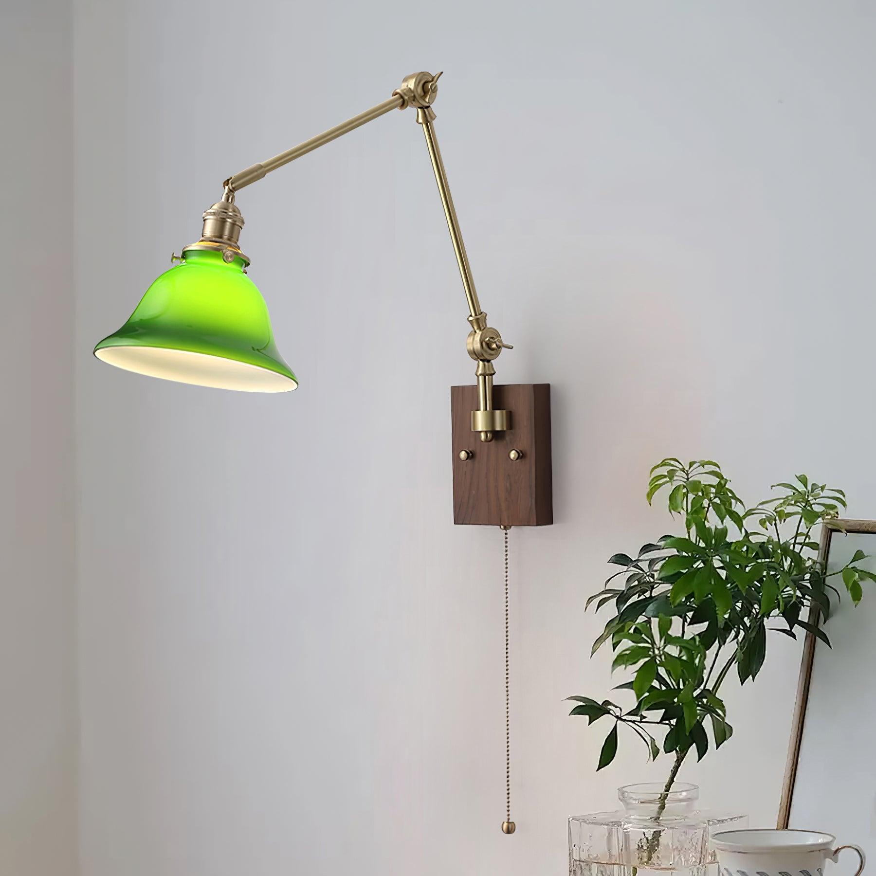 Wall Lamp Brass and Glass Shade Walnut Wood Base Adjustable Arm Vintage - Letslighting