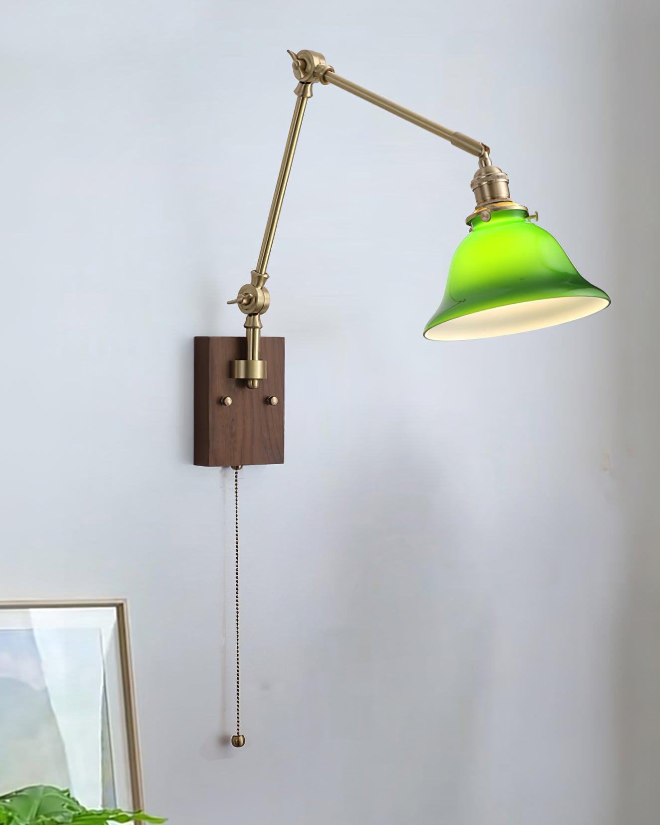 Wall Lamp Brass and Glass Shade Walnut Wood Base Adjustable Arm Vintage - Letslighting