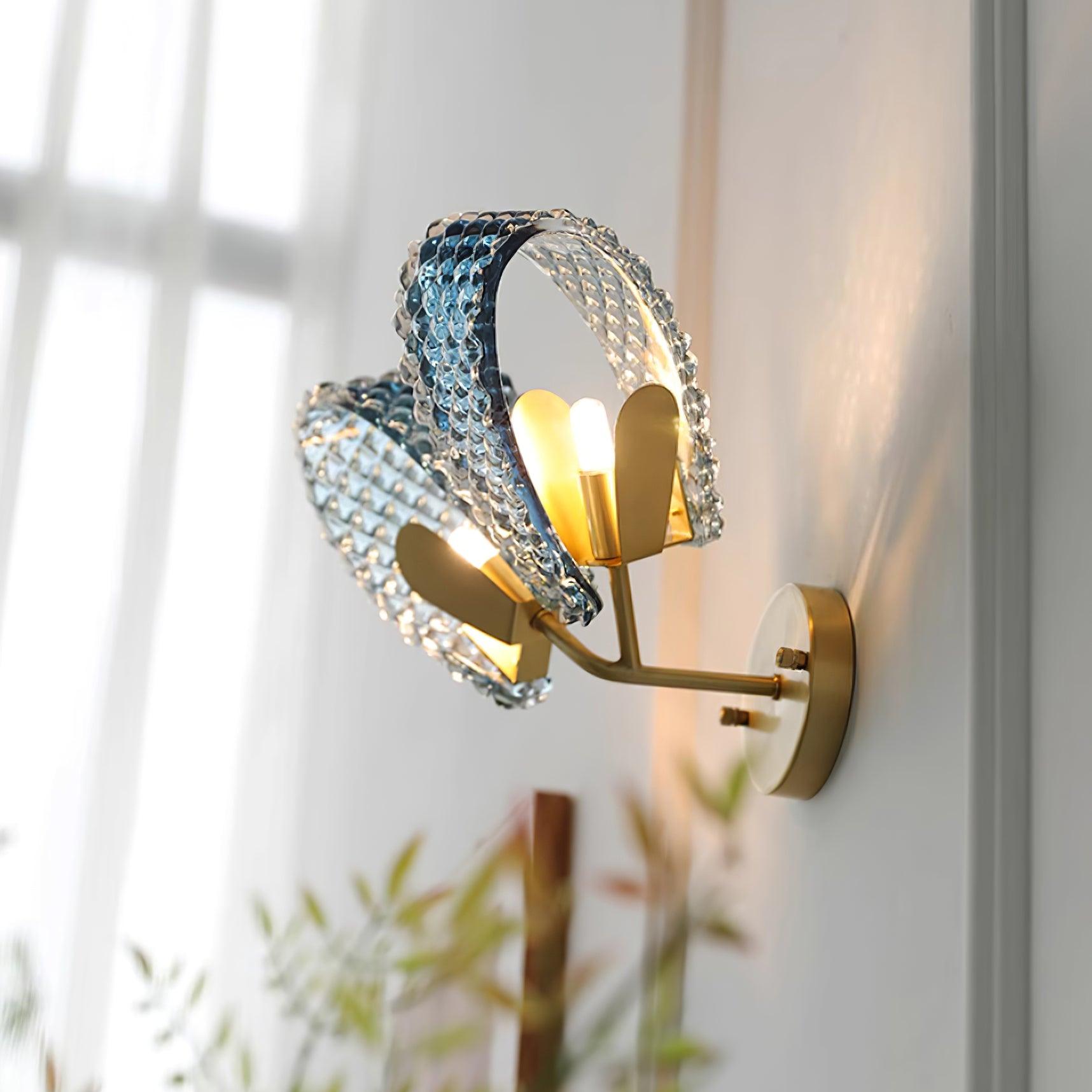 Wall Lamp Blue Ribbed Glass Ribbons Brass Arm Art Chic Glam - Letslighting