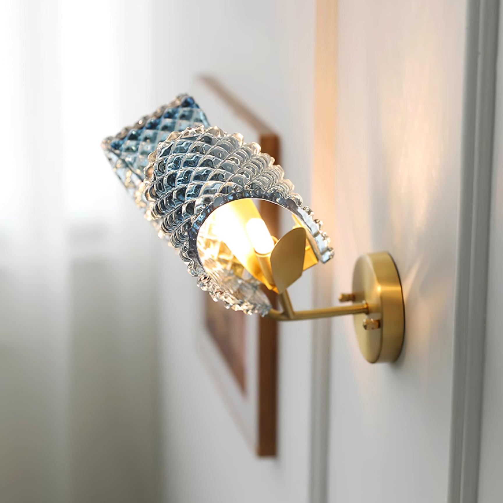 Wall Lamp Blue Ribbed Glass Ribbons Brass Arm Art Chic Glam - Letslighting