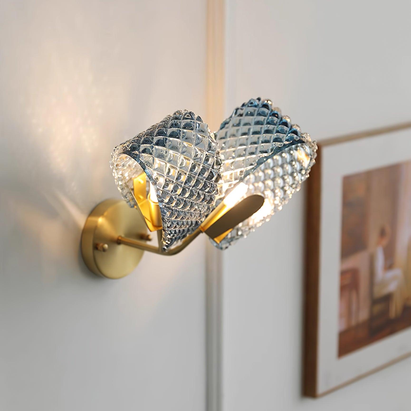 Wall Lamp Blue Ribbed Glass Ribbons Brass Arm Art Chic Glam - Letslighting
