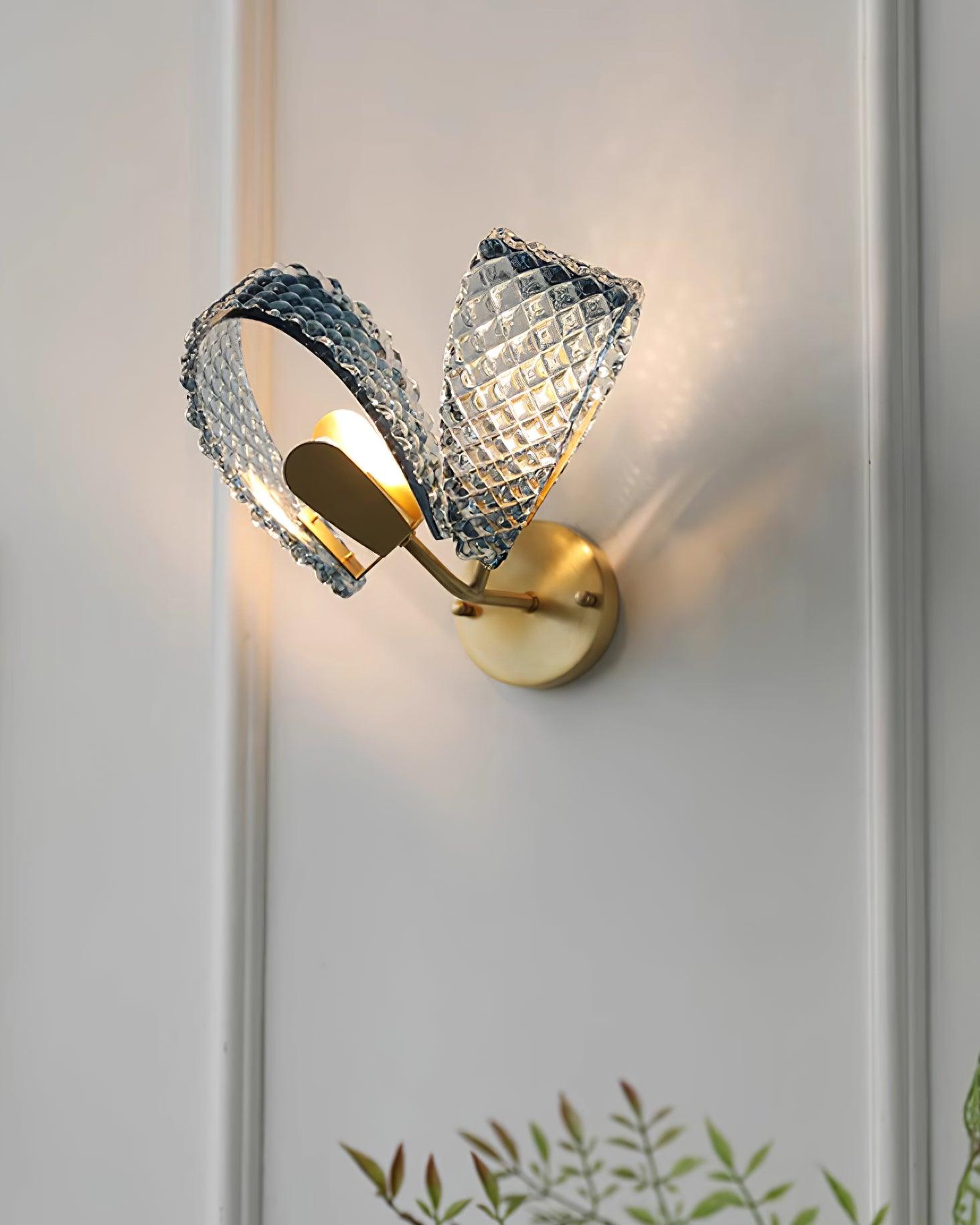 Wall Lamp Blue Ribbed Glass Ribbons Brass Arm Art Chic Glam - Letslighting