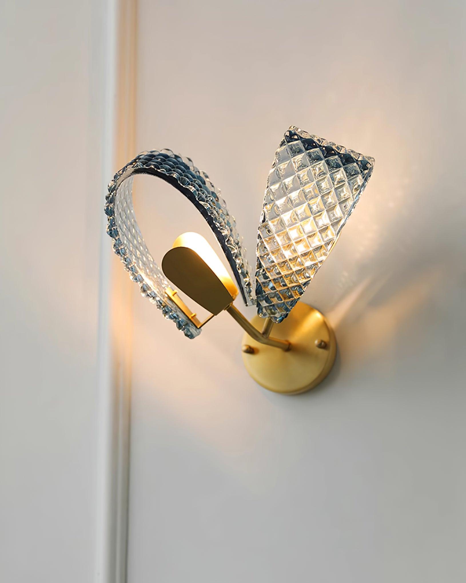 Wall Lamp Blue Ribbed Glass Ribbons Brass Arm Art Chic Glam - Letslighting
