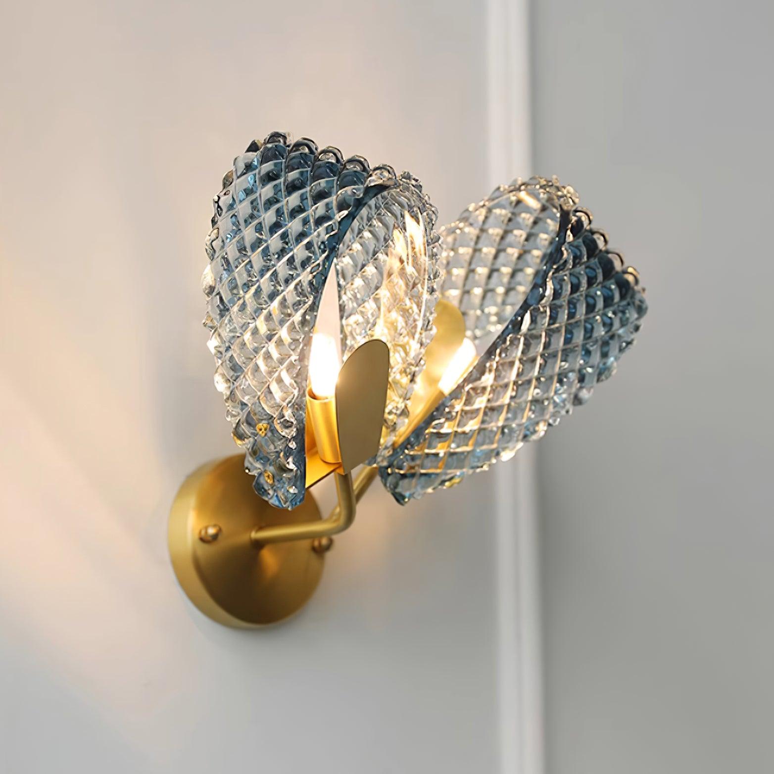 Wall Lamp Blue Ribbed Glass Ribbons Brass Arm Art Chic Glam - Letslighting