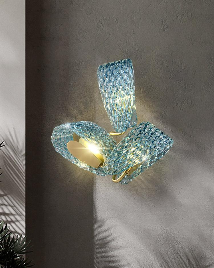 Wall Lamp Blue Ribbed Glass Ribbons Brass Arm Art Chic Glam - Letslighting
