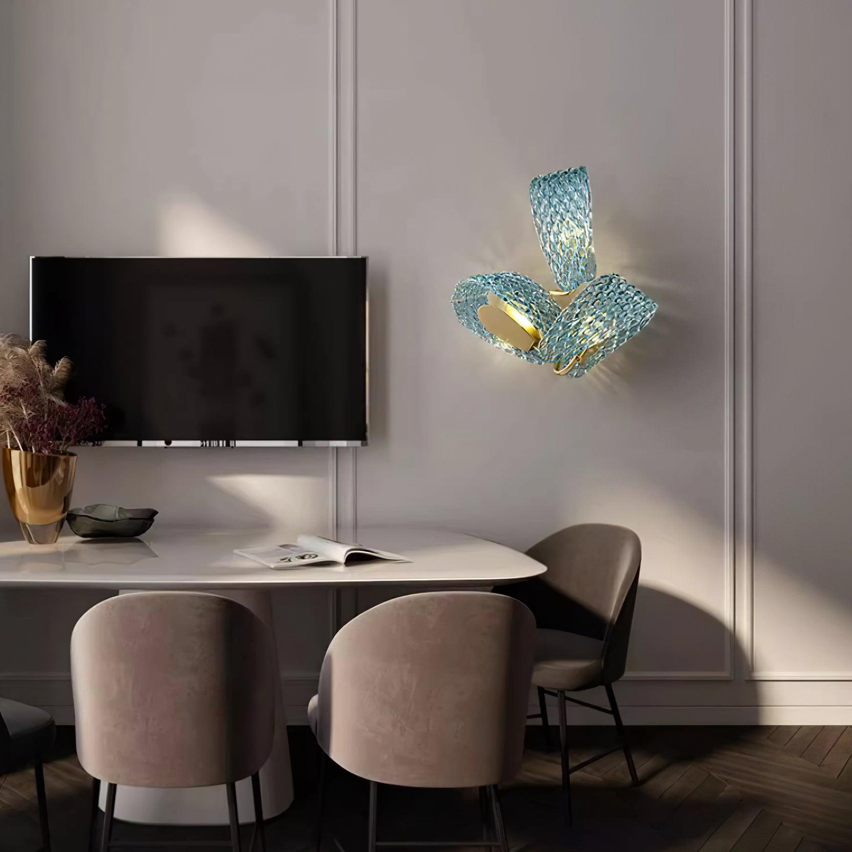 Wall Lamp Blue Ribbed Glass Ribbons Brass Arm Art Chic Glam - Letslighting