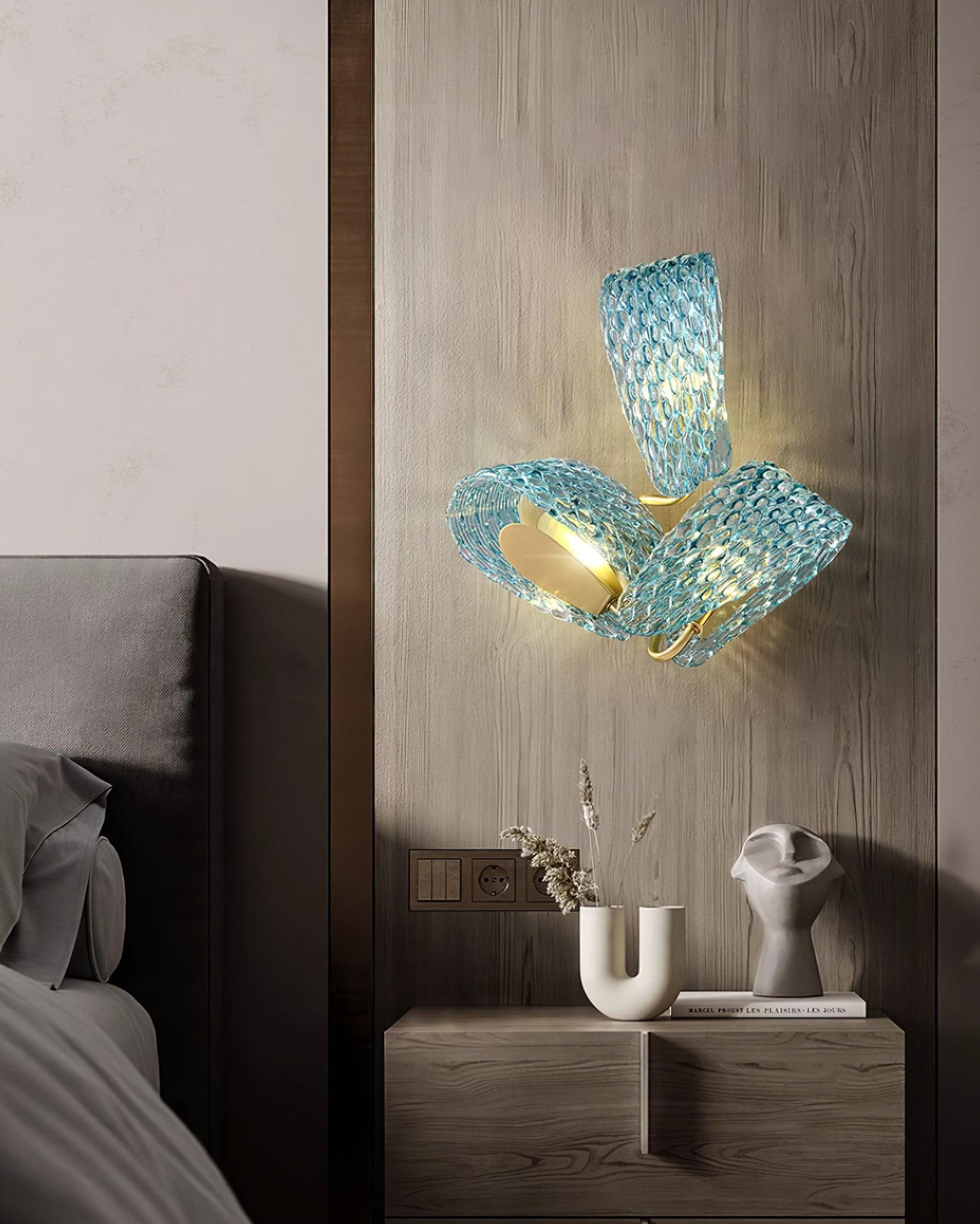 Wall Lamp Blue Ribbed Glass Ribbons Brass Arm Art Chic Glam - Letslighting