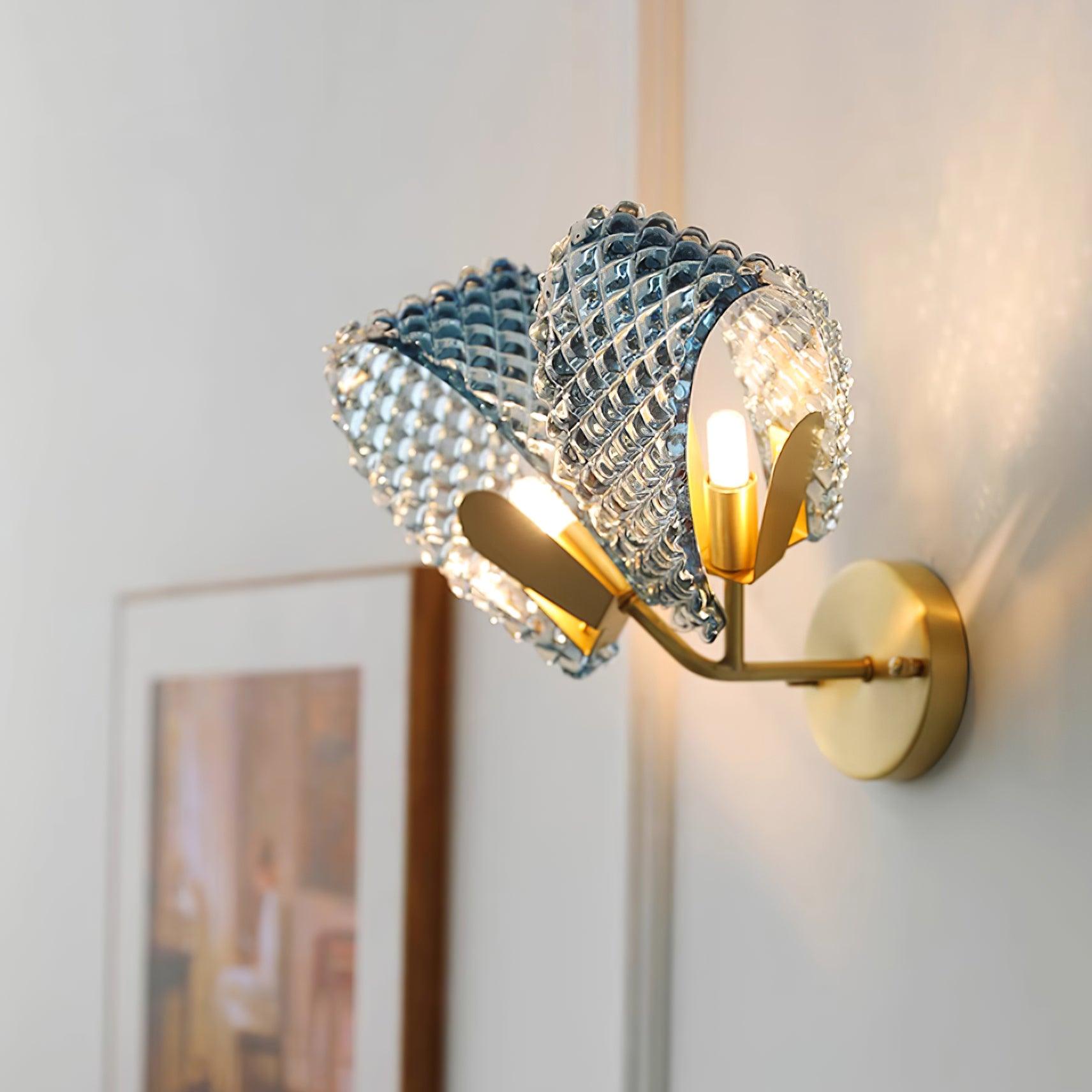 Wall Lamp Blue Ribbed Glass Ribbons Brass Arm Art Chic Glam - Letslighting