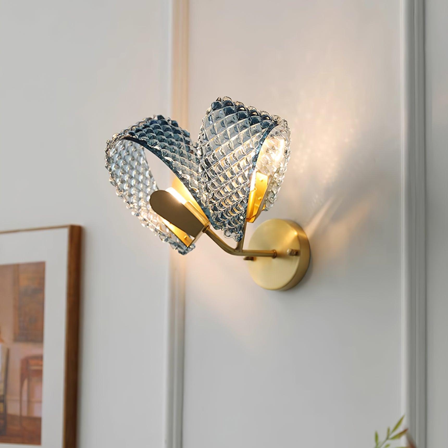 Wall Lamp Blue Ribbed Glass Ribbons Brass Arm Art Chic Glam - Letslighting