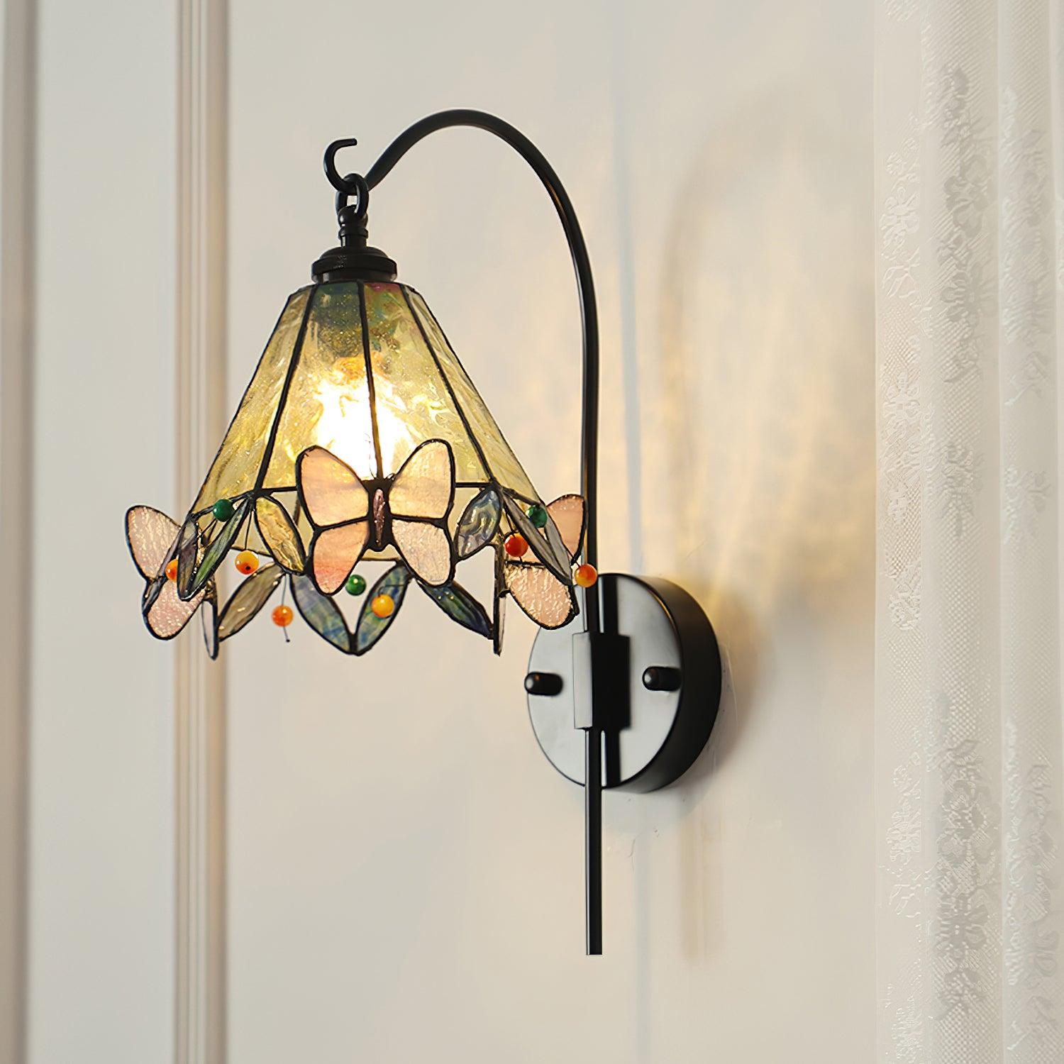 Wall Lamp Tiffany Glass Butterfly Shade Pink Yellow Art - Letslighting