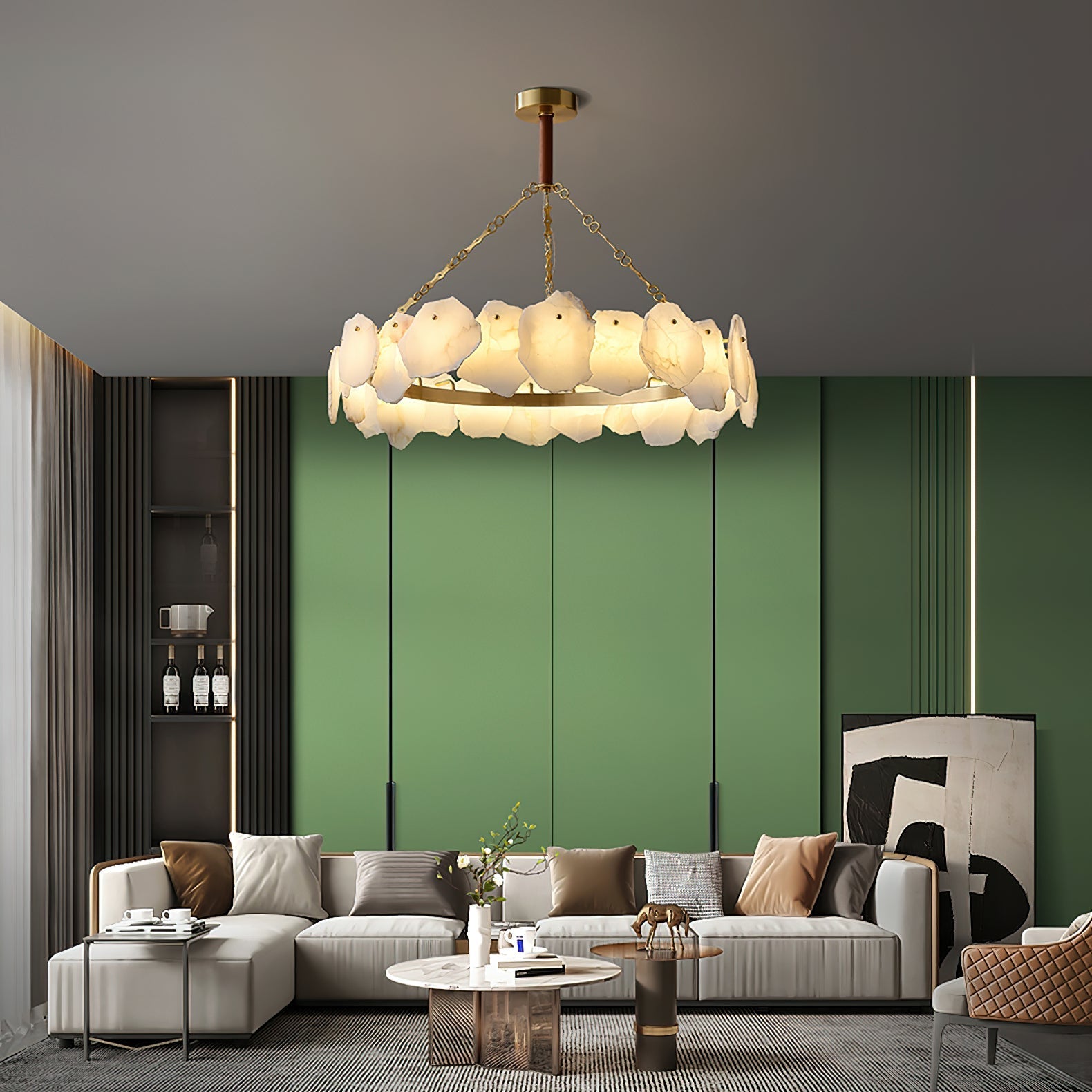Alora Postmodern Luxury Round Brass Marble Chandelier - Lamp Copper