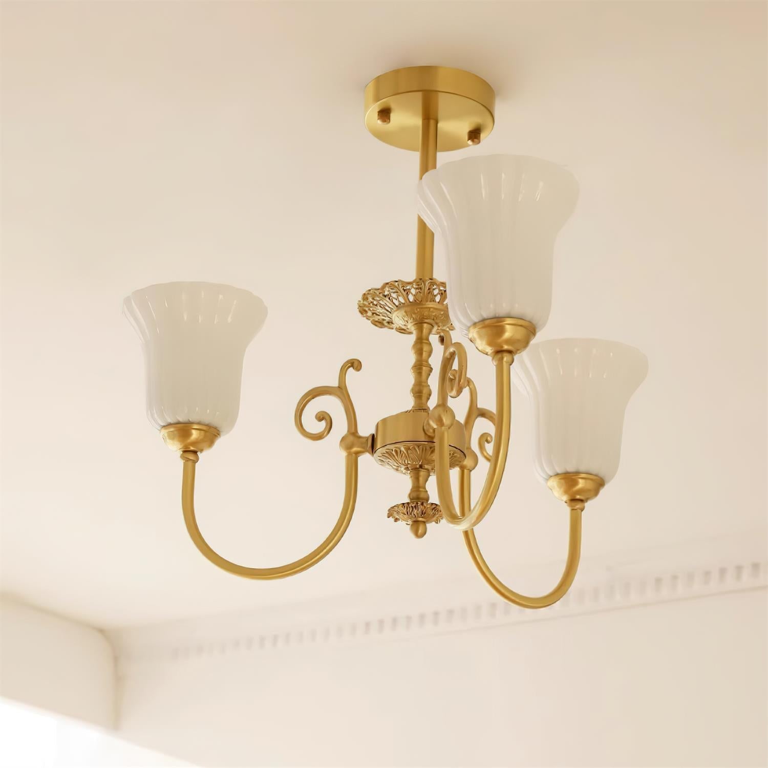 Chandelier with Brass Arms White Glass Shades Opulent Luxe - Letslighting