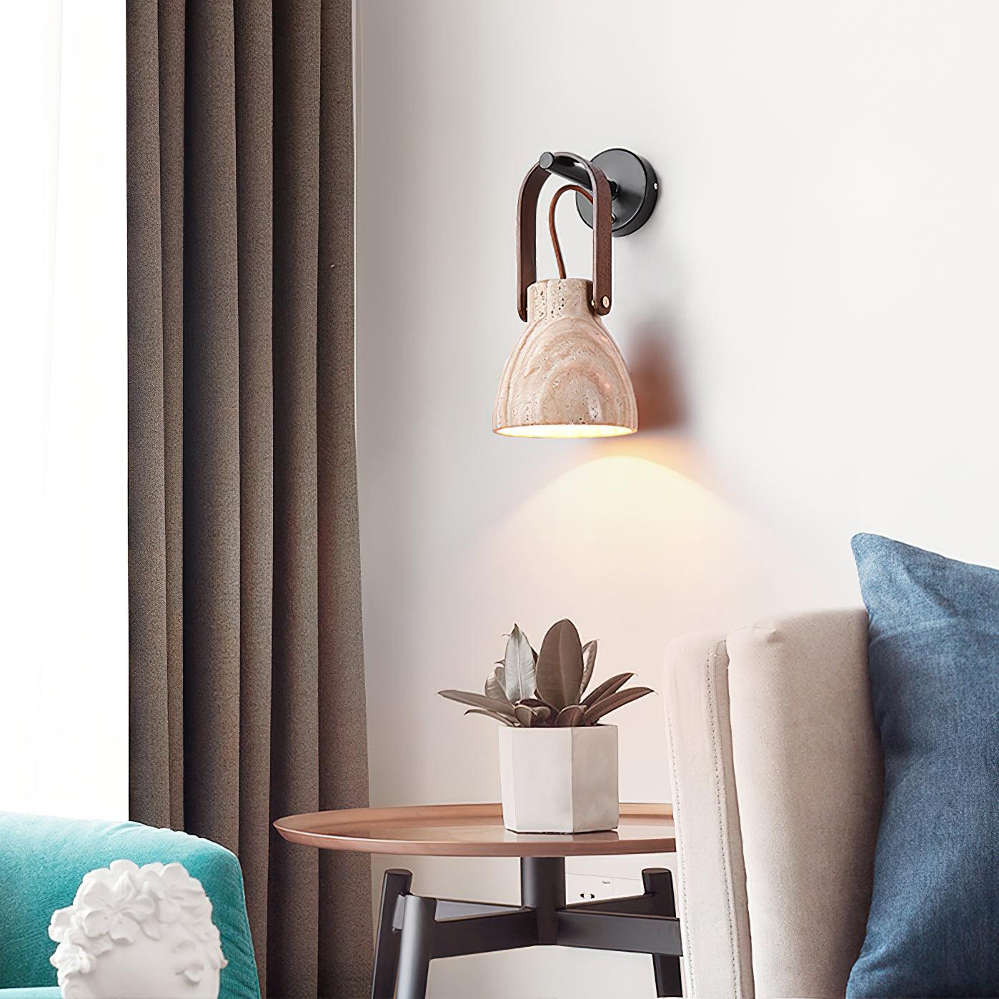 Wall Lamp Body Wood Strap Travertine Shade Minimalist - Letslighting