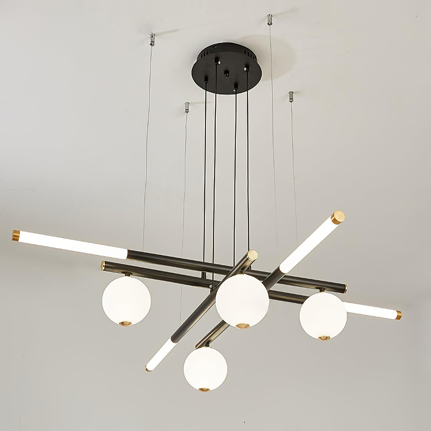 Chandelier Black White Rods and Globe Modern - Blowlighting