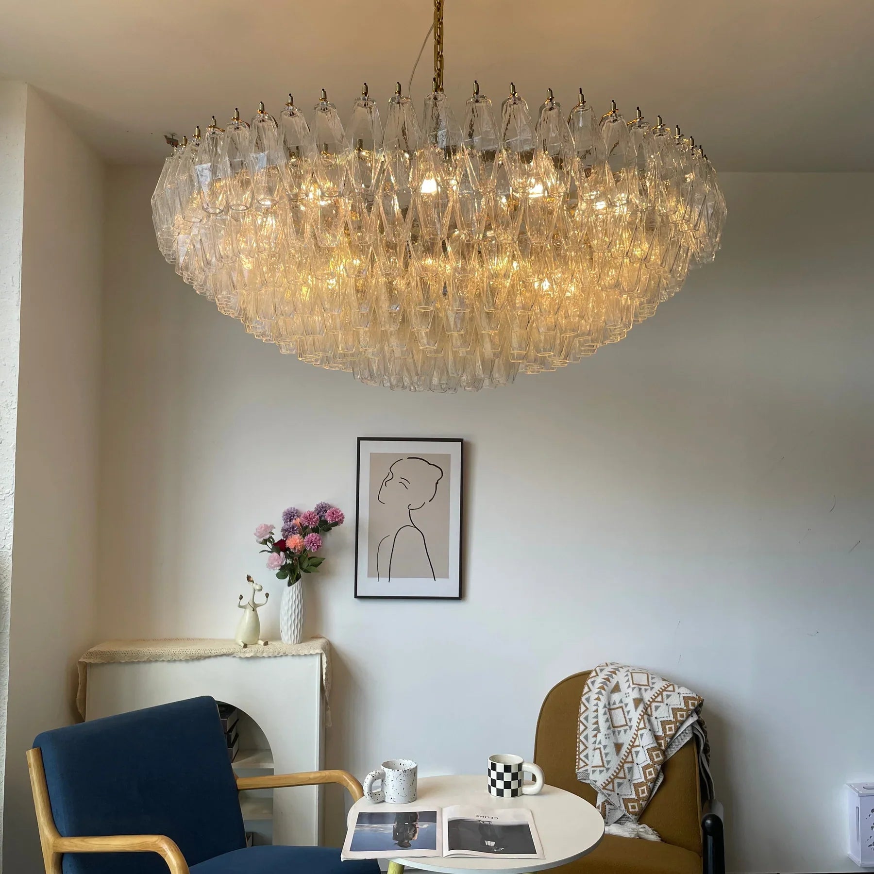 Aurora Chandelier en Verre Murano Transparent Polyèdre Vintage