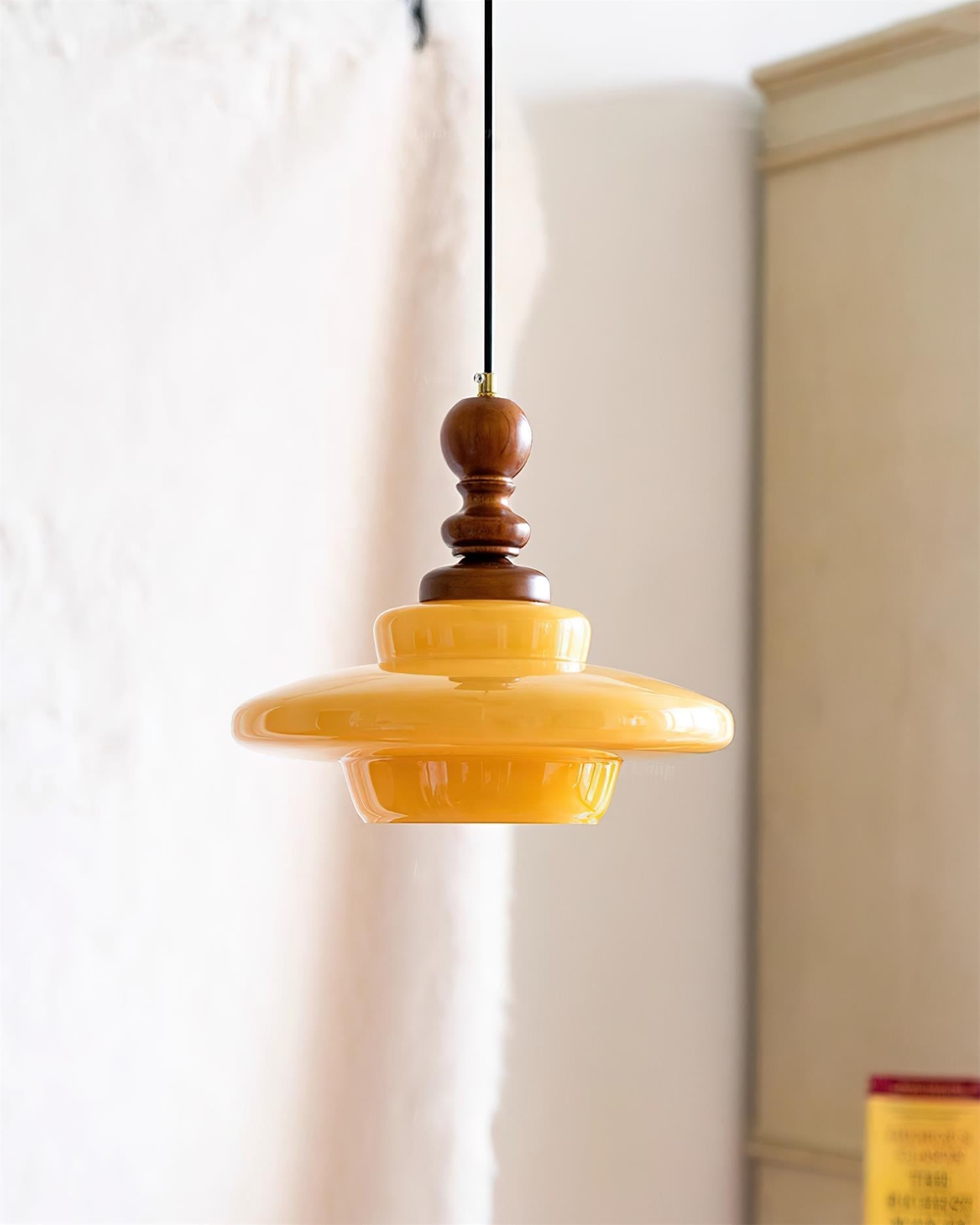 Pendant Lamp Yellow Glass with Walnut Wood Accent Retro - Letslighting