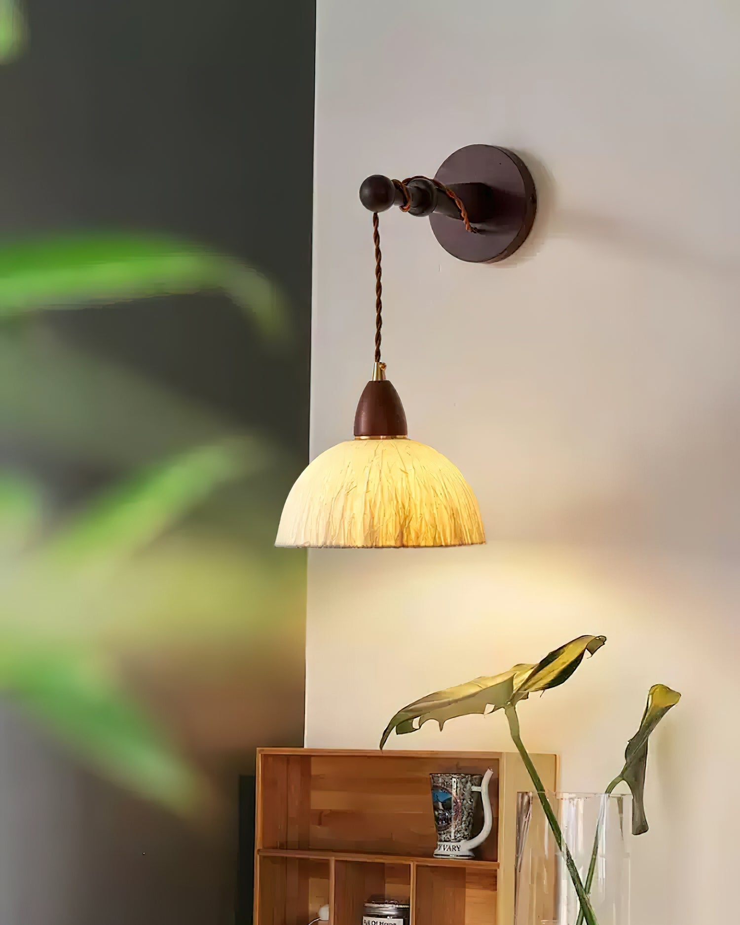Wall Lamp Rice Paper Shade Wood Arm Soft Ambient Cozy Minimalist - Letslighting