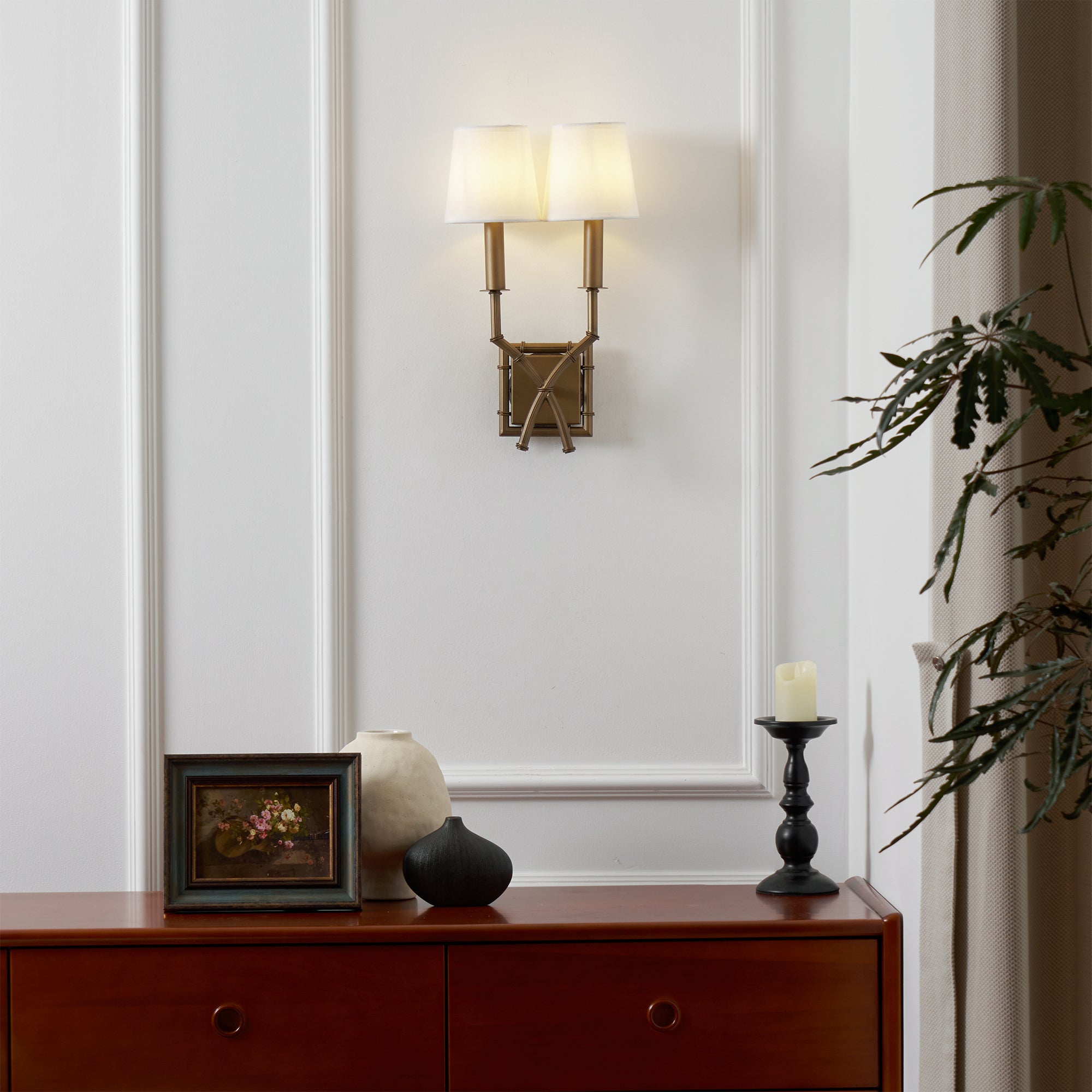 Yelp Vintage Industrial Double Arm Bamboo Fabric Sconce Wall Lamp - Lamp Copper