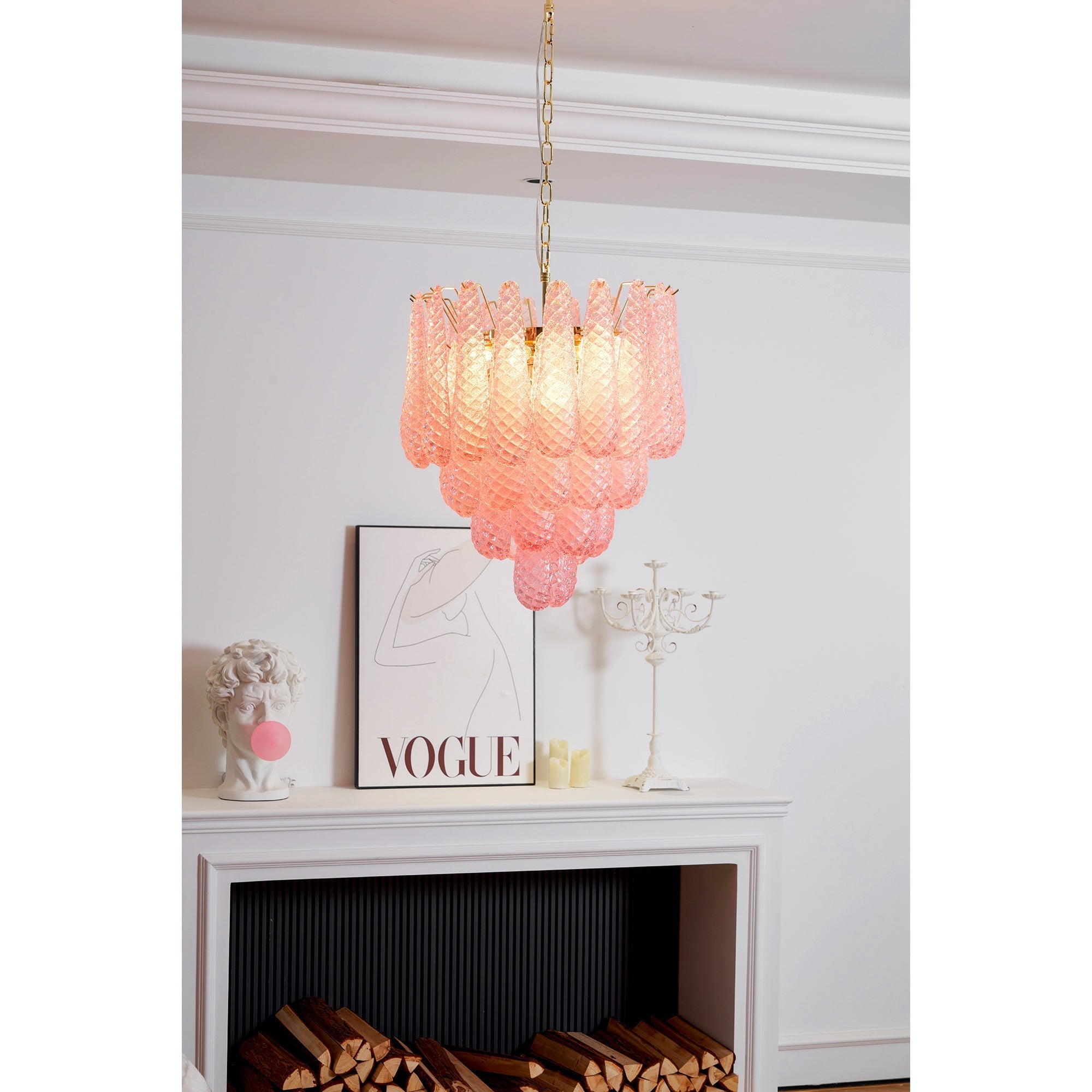 Aurora Chandelier Pink Droplet Murano Glass Diamond Pattern Waterfall - Letslighting