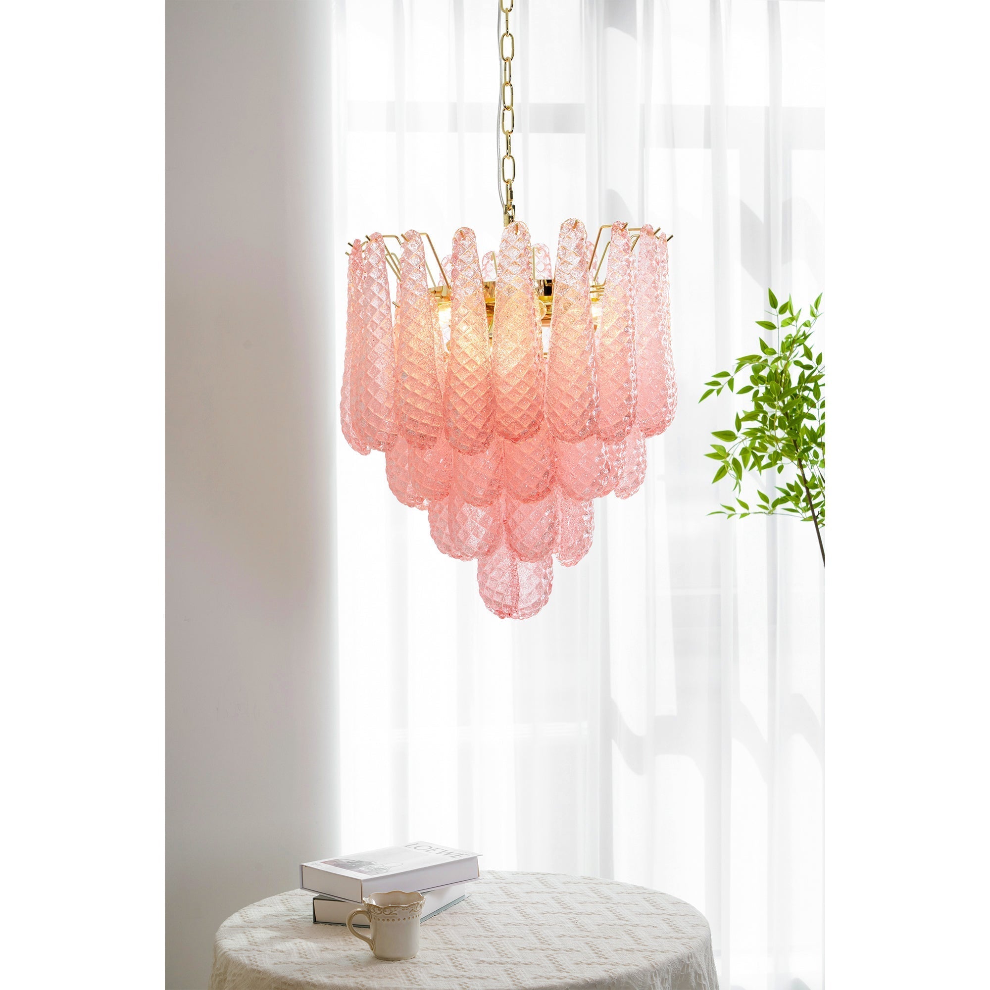 Aurora Chandelier Pink Droplet Murano Glass Diamond Pattern Waterfall - Letslighting