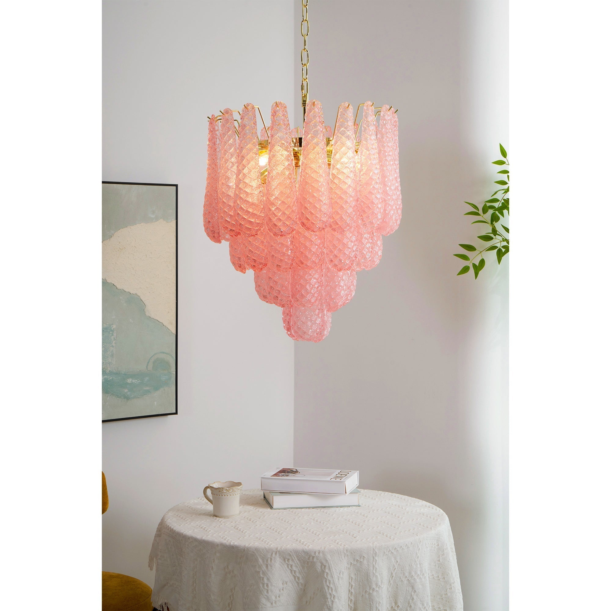 Aurora Chandelier Pink Droplet Murano Glass Diamond Pattern Waterfall - Letslighting
