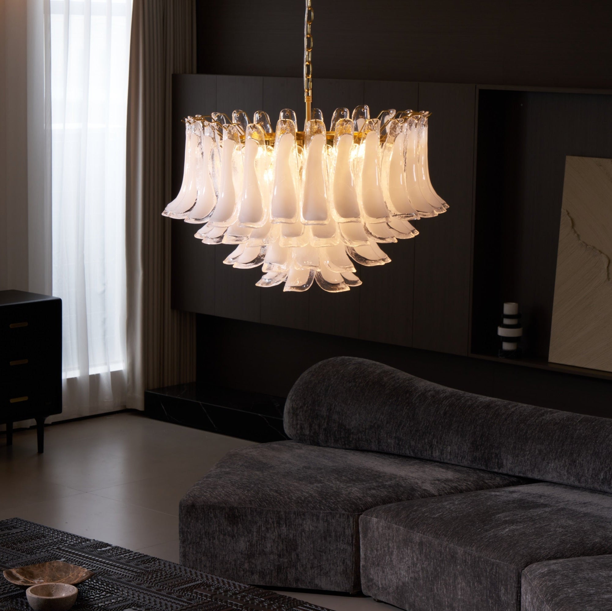 Aurora Chandelier Pink Glass Leaf Layered Floral Glamour - Letslighting