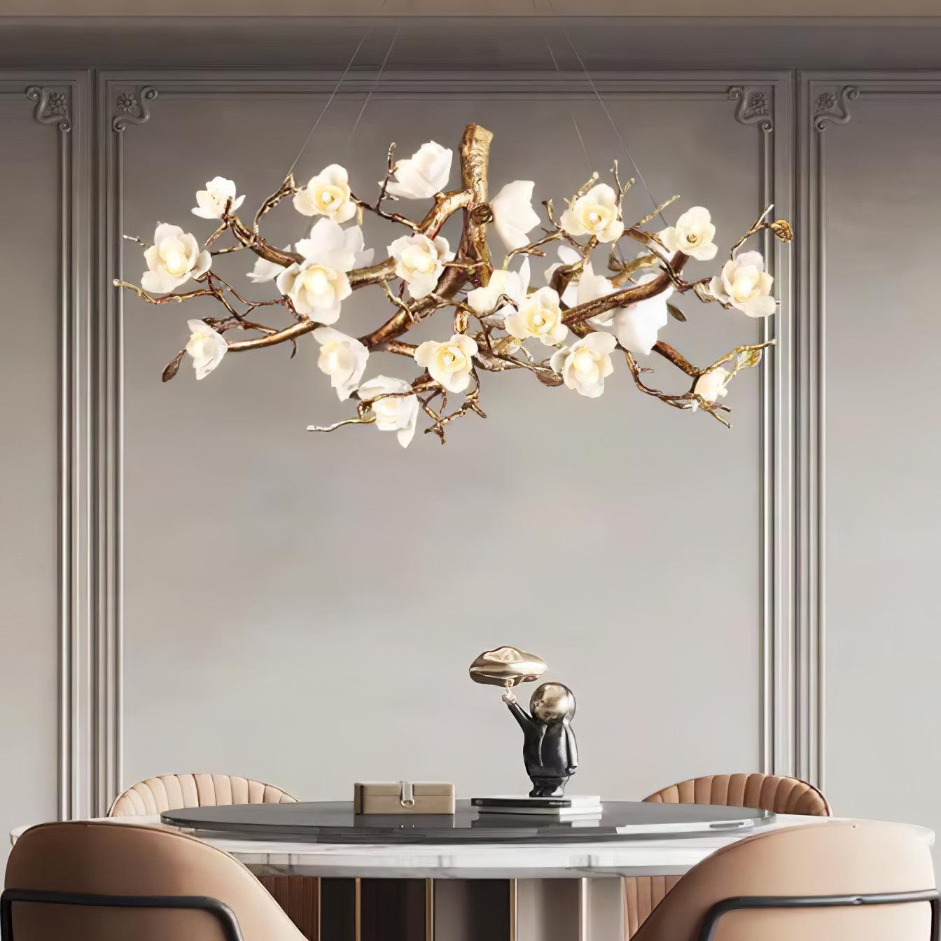 Avaros Postmodern Luxury Flower Bloom Branch Brass Ceramic Chandelier - Blowlighting