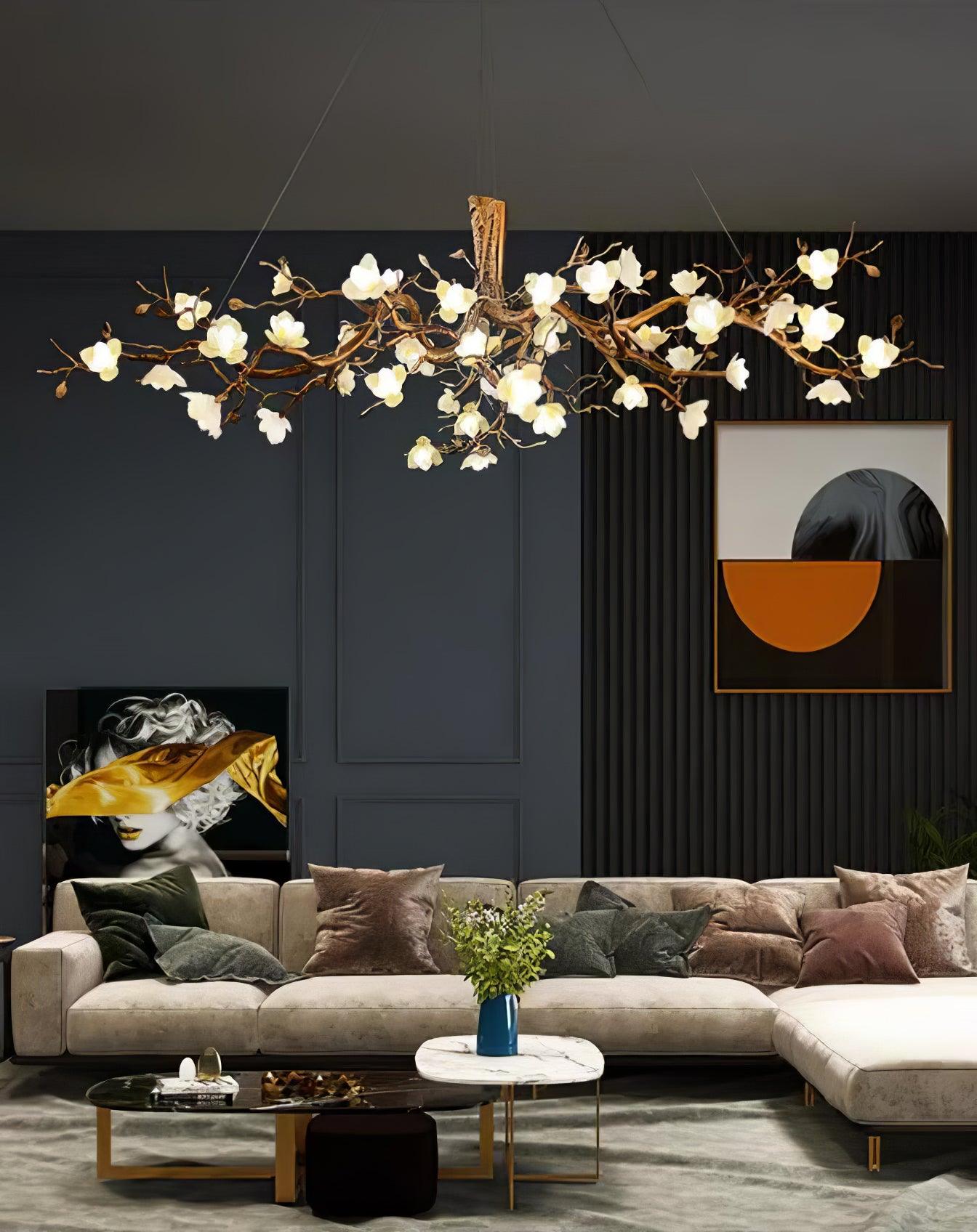 Avaros Postmodern Luxury Flower Bloom Branch Brass Ceramic Chandelier - Blowlighting
