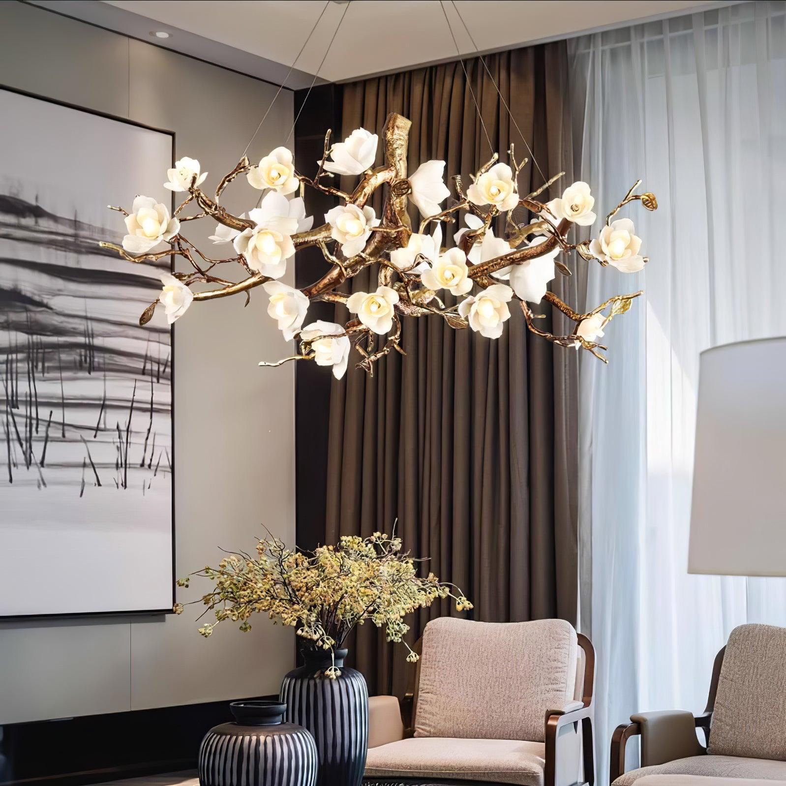 Avaros Postmodern Luxury Flower Bloom Branch Brass Ceramic Chandelier - Blowlighting
