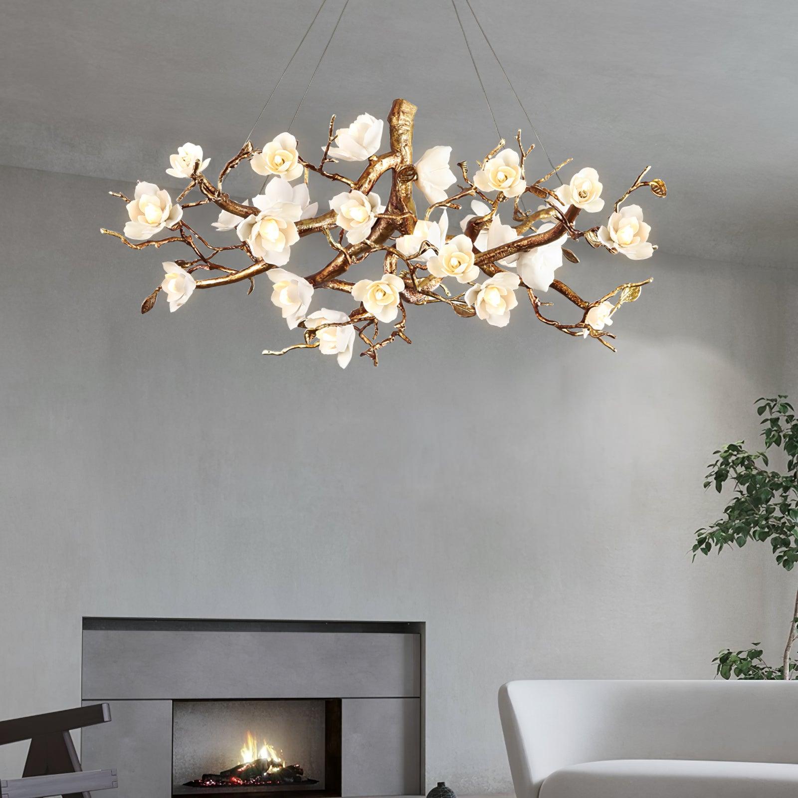 Avaros Postmodern Luxury Flower Bloom Branch Brass Ceramic Chandelier - Blowlighting