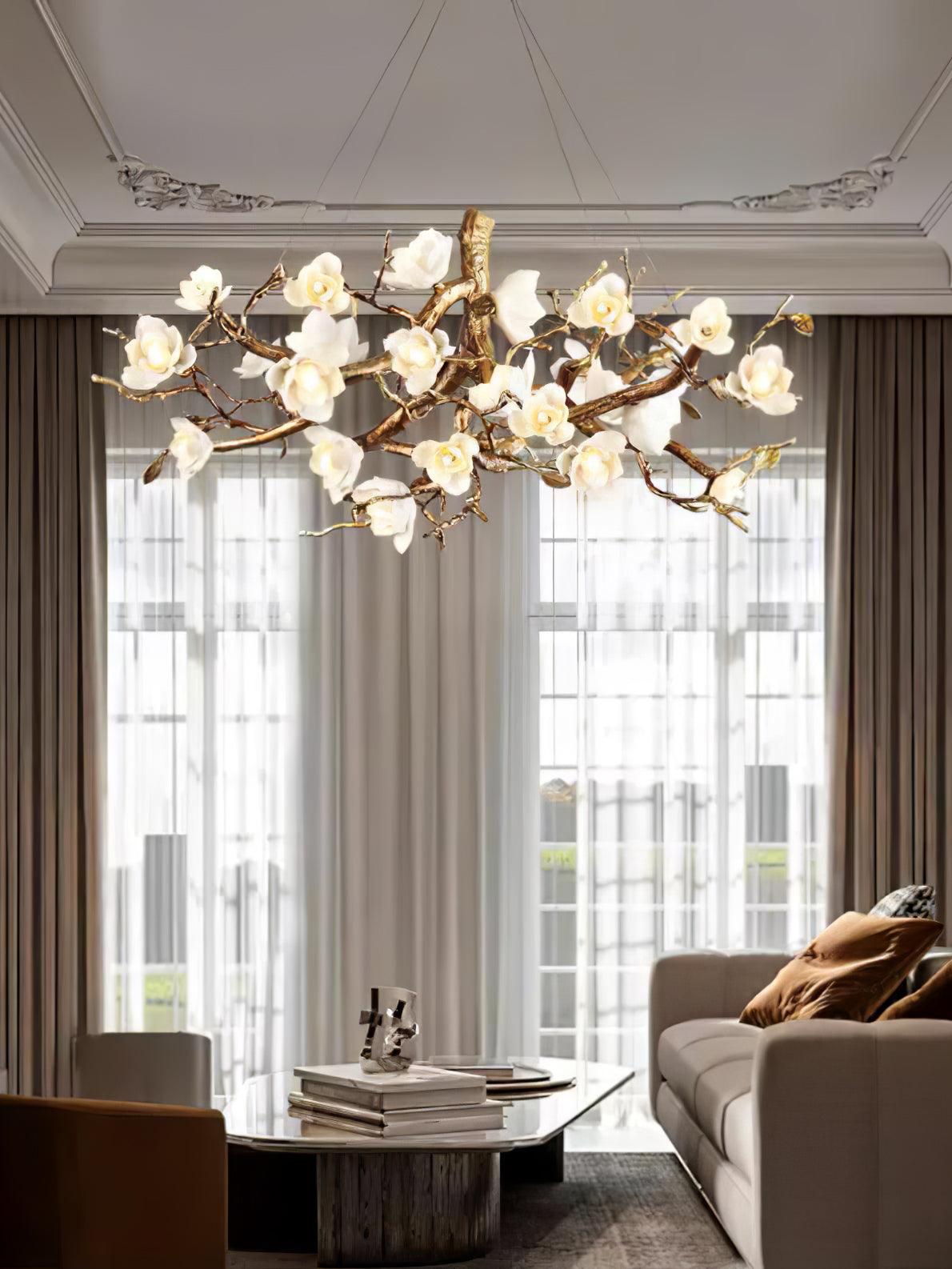 Avaros Postmodern Luxury Flower Bloom Branch Brass Ceramic Chandelier - Blowlighting