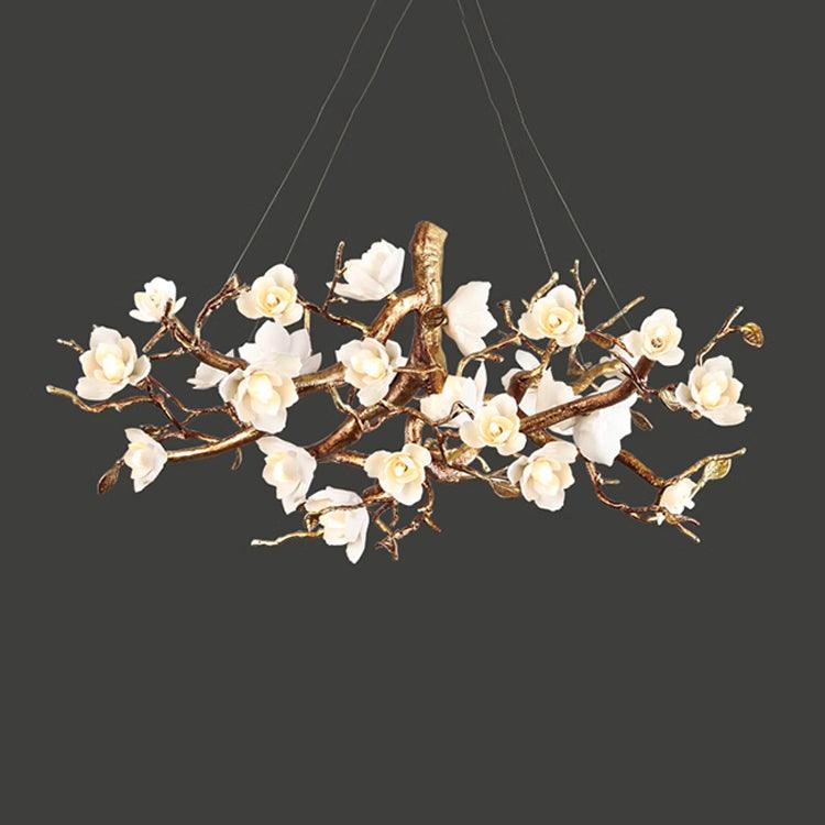 Avaros Postmodern Luxury Flower Bloom Branch Brass Ceramic Chandelier - Blowlighting