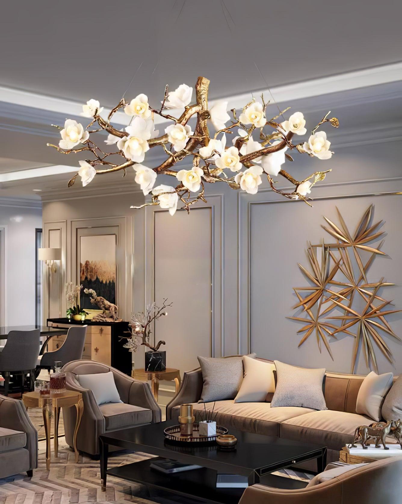 Avaros Postmodern Luxury Flower Bloom Branch Brass Ceramic Chandelier - Blowlighting