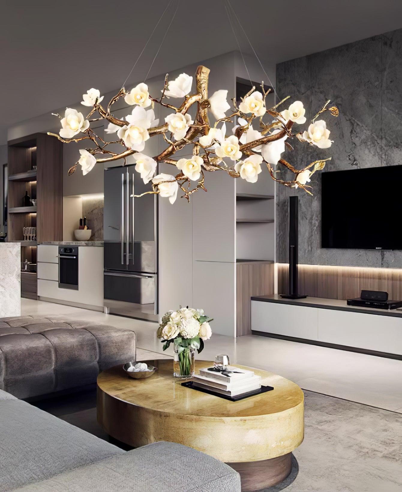 Avaros Postmodern Luxury Flower Bloom Branch Brass Ceramic Chandelier - Blowlighting
