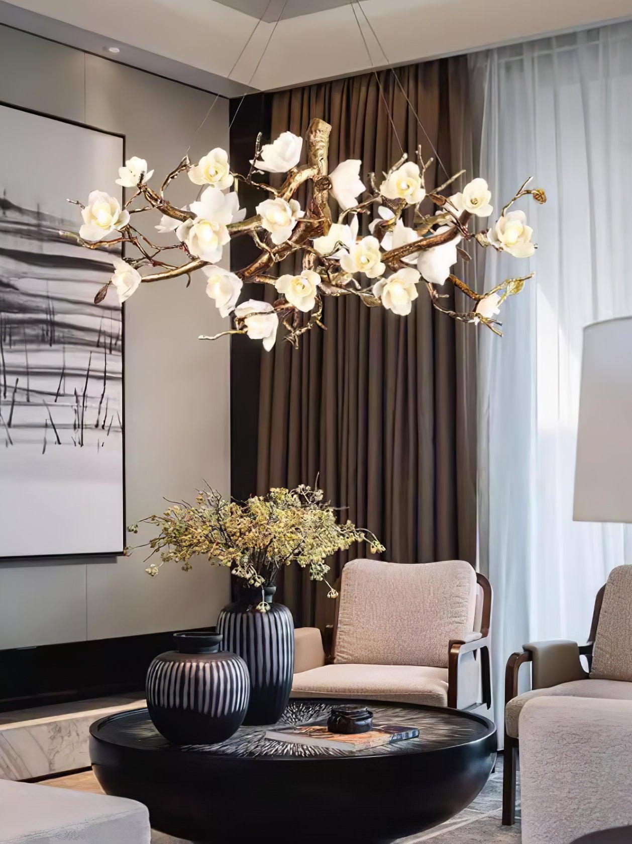 Avaros Postmodern Luxury Flower Bloom Branch Brass Ceramic Chandelier - Blowlighting