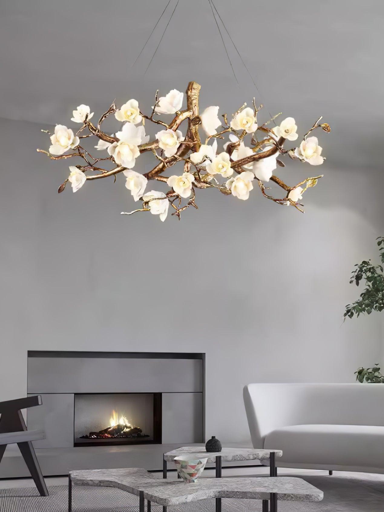 Avaros Postmodern Luxury Flower Bloom Branch Brass Ceramic Chandelier - Blowlighting