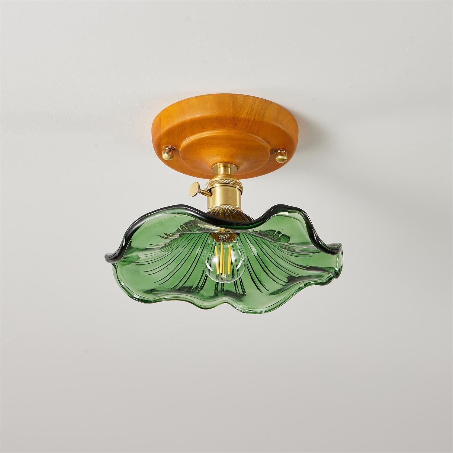 Ceiling Light Wood Canopy Brass & Glass Shade Vintage Floral Farmhouse - Letslighting