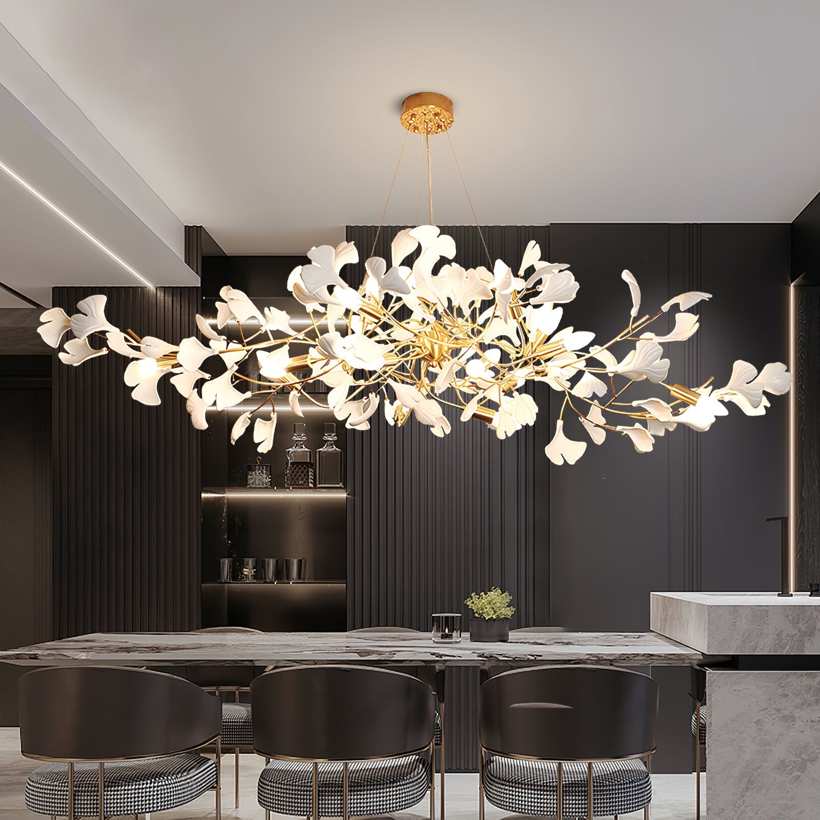 Gingko Chandelier Long Version Porcelain Leaf Branch Organic - Letslighting