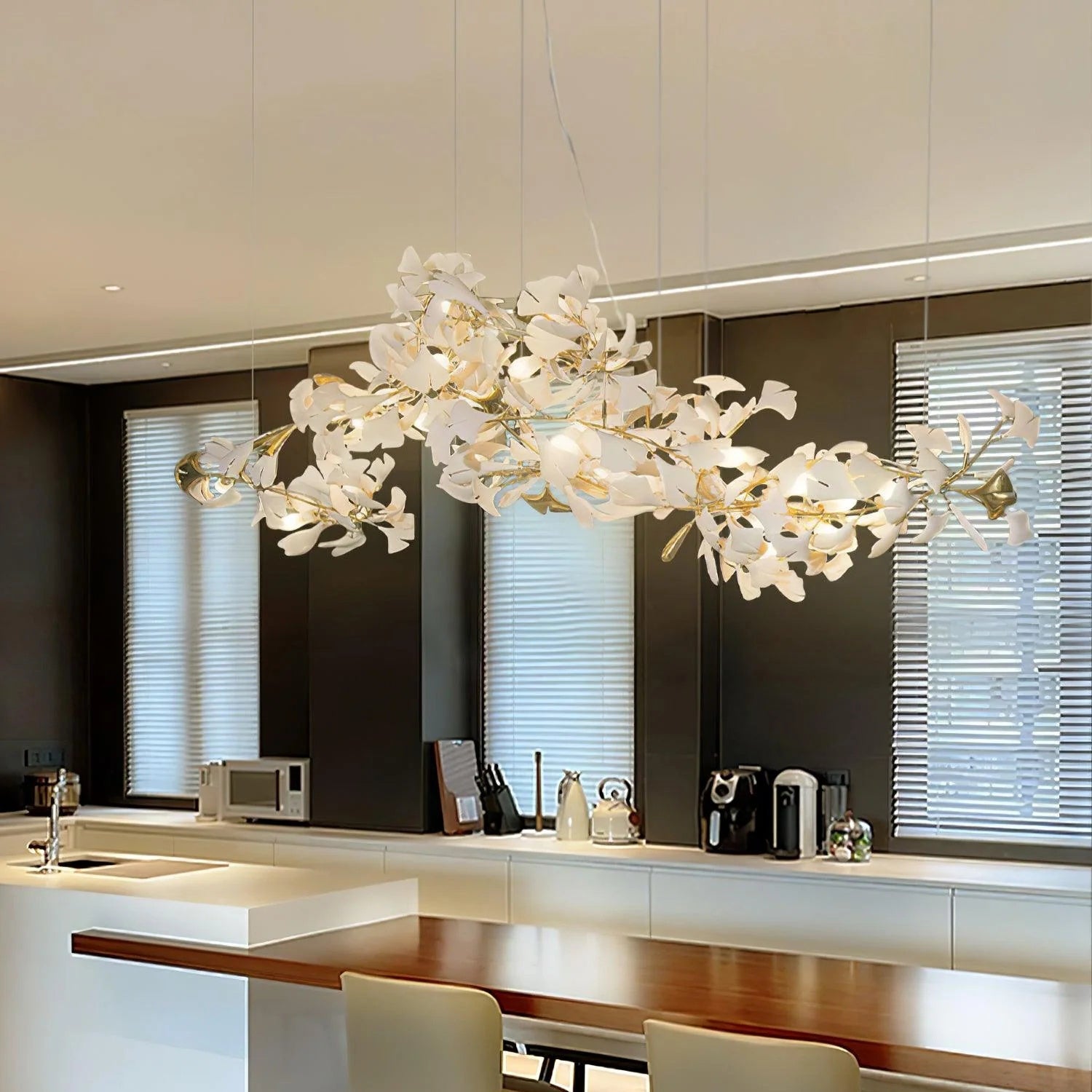 Gingko Chandelier Long Version Porcelain Leaf Branch Organic - Letslighting