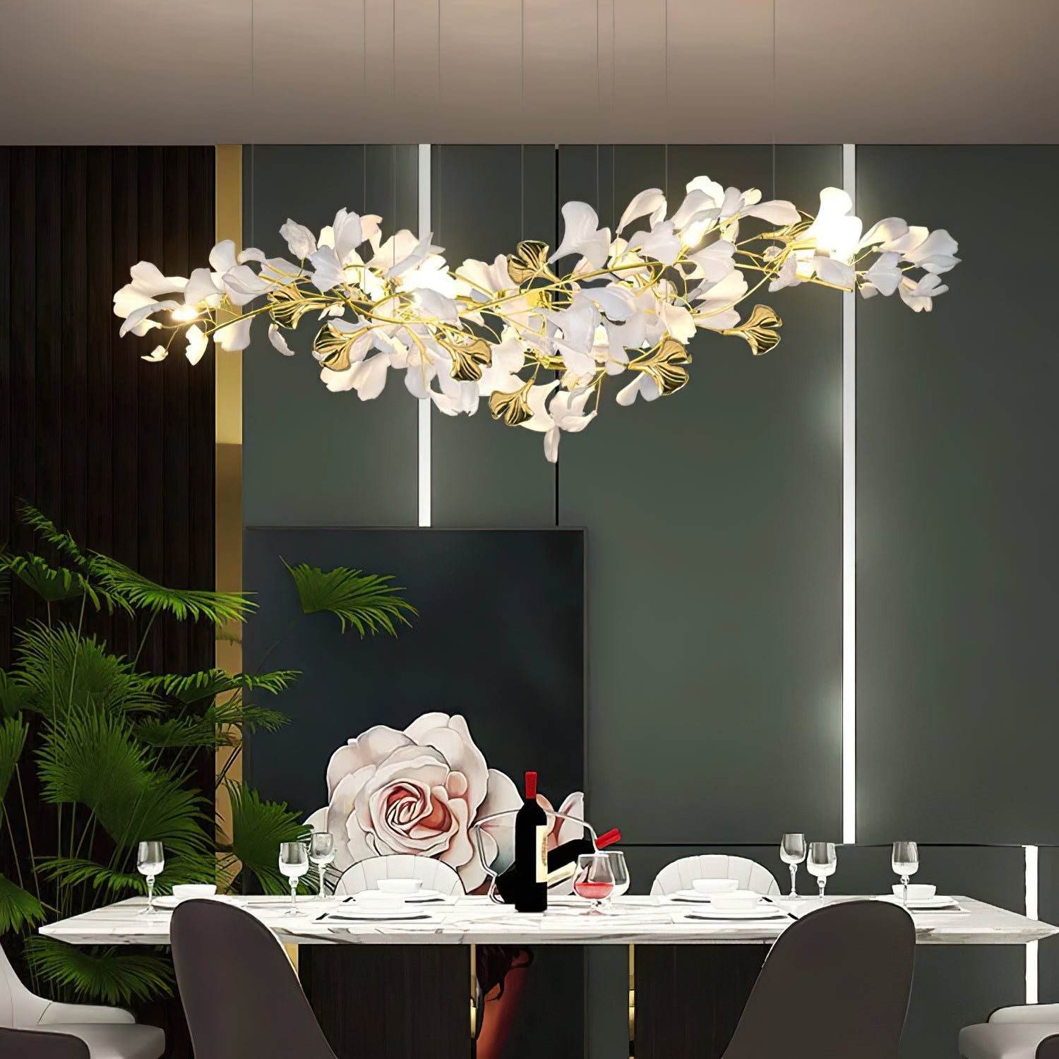 Gingko Chandelier Long Version Porcelain Leaf Branch Organic - Letslighting