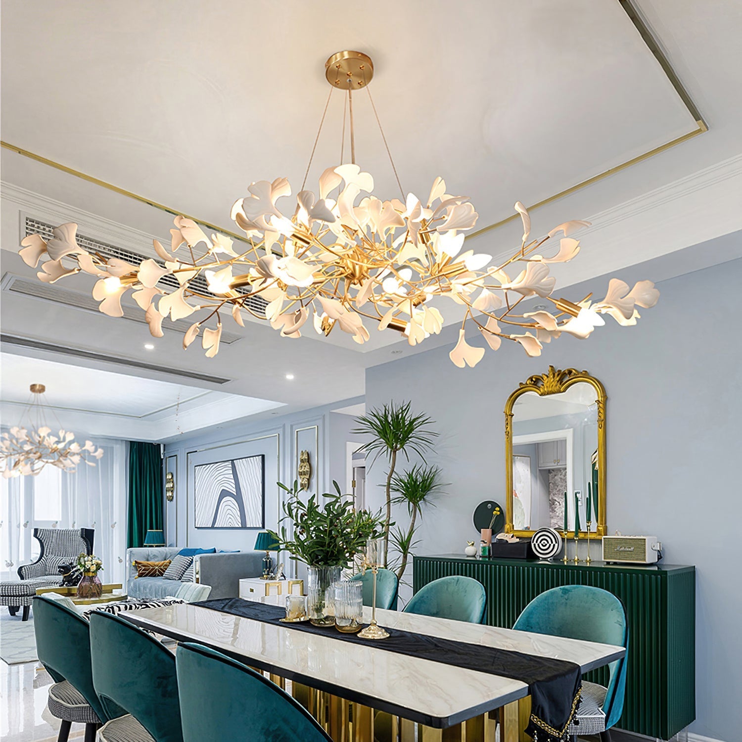 Gingko Chandelier Long Version Porcelain Nature Inspired - Letslighting