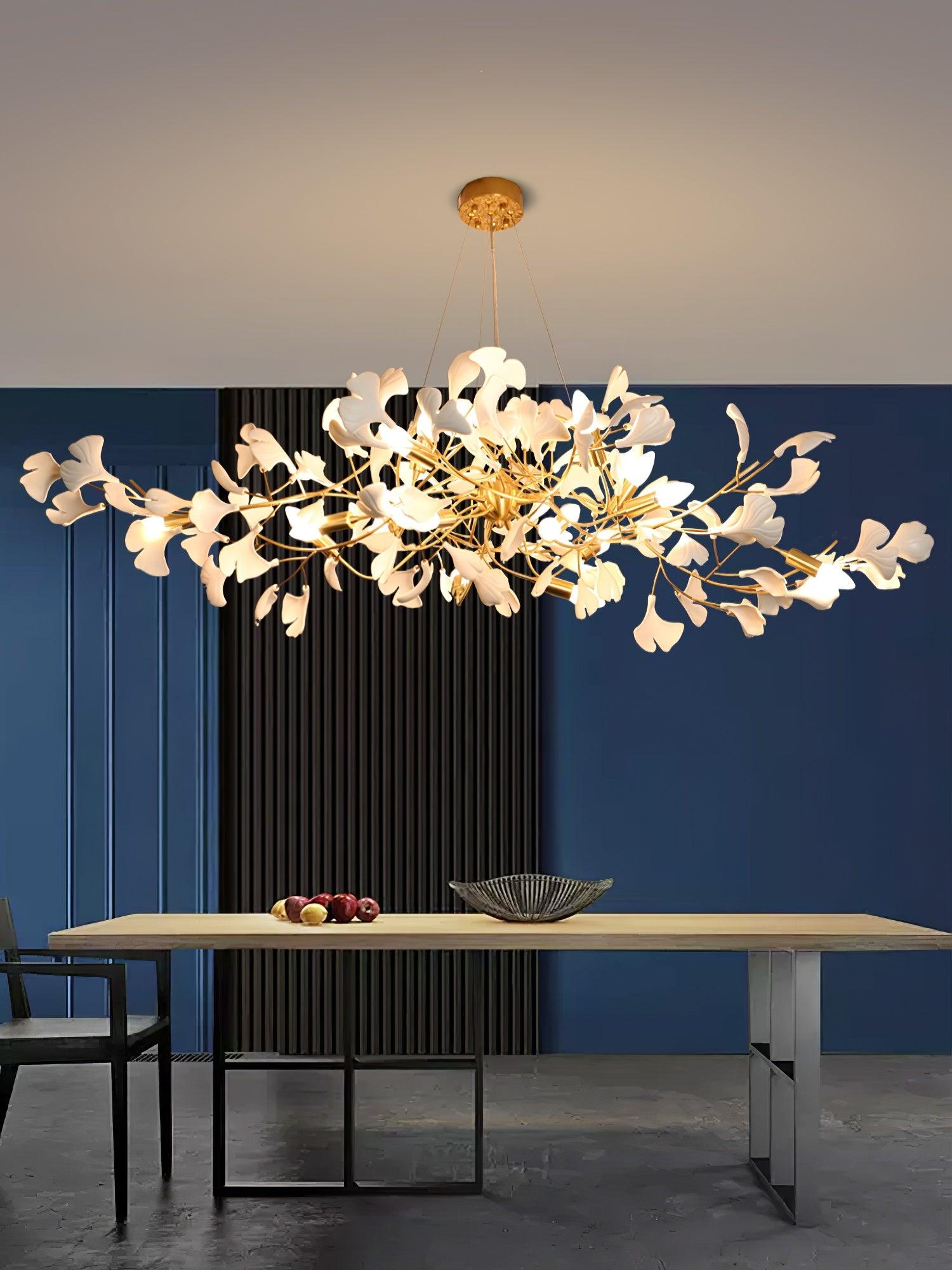 Chandelier White Ceramic Ginkgo Petals Gold Organic Art Nouveau - Letslighting