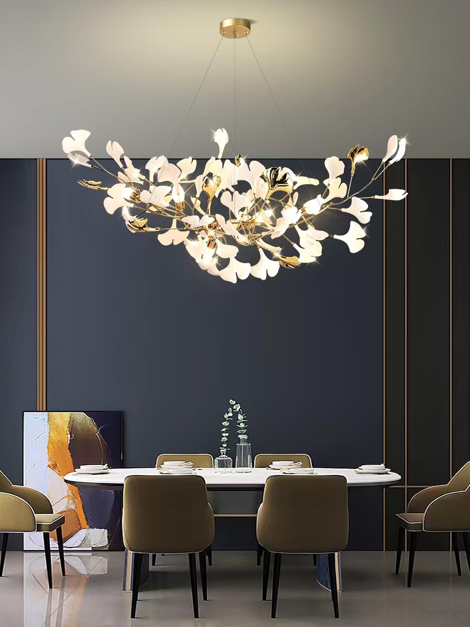 Chandelier White Ceramic Ginkgo Petals Gold Organic Art Nouveau - Letslighting
