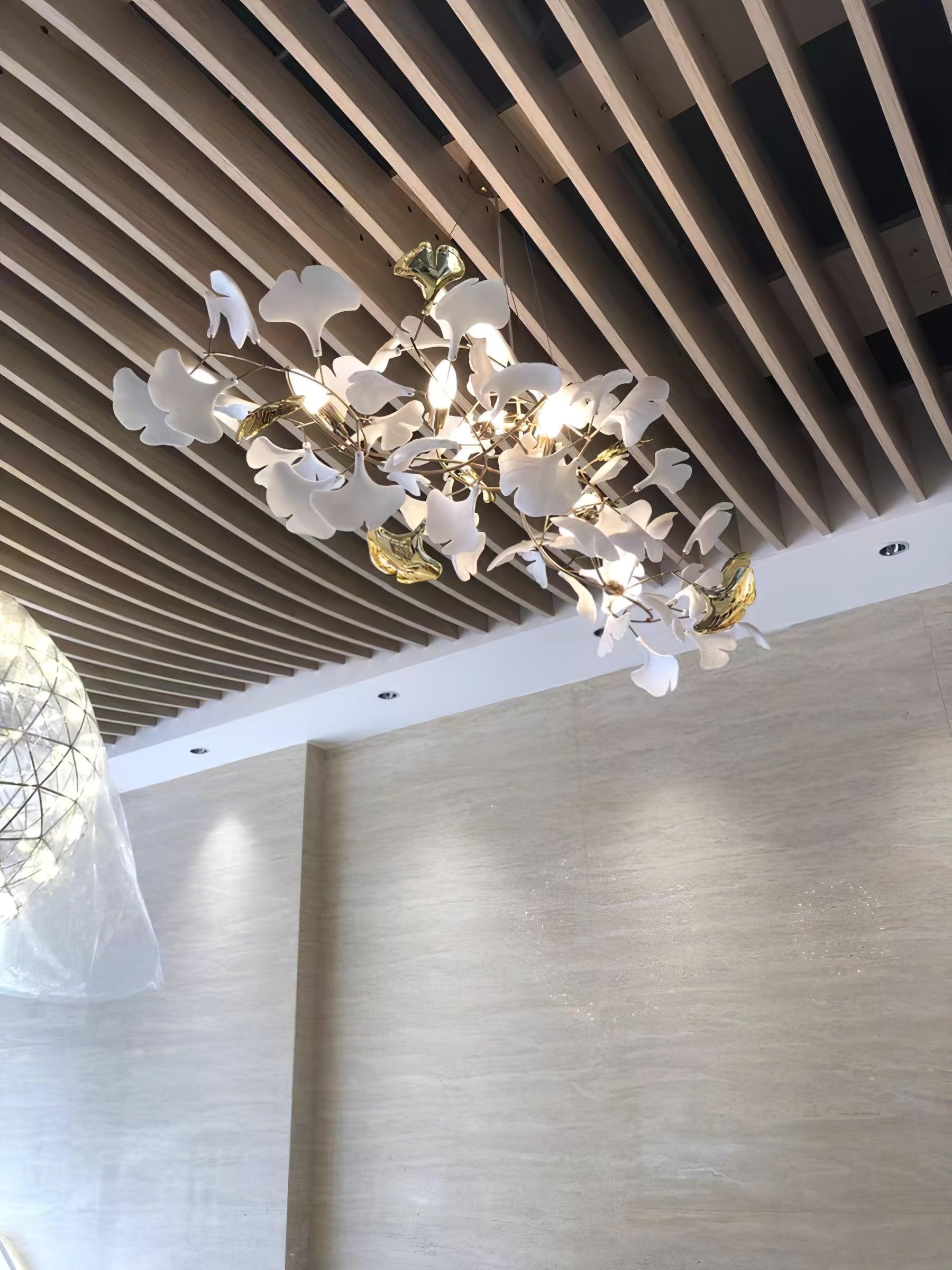 Chandelier White Ceramic Ginkgo Petals Gold Organic Art Nouveau - Letslighting