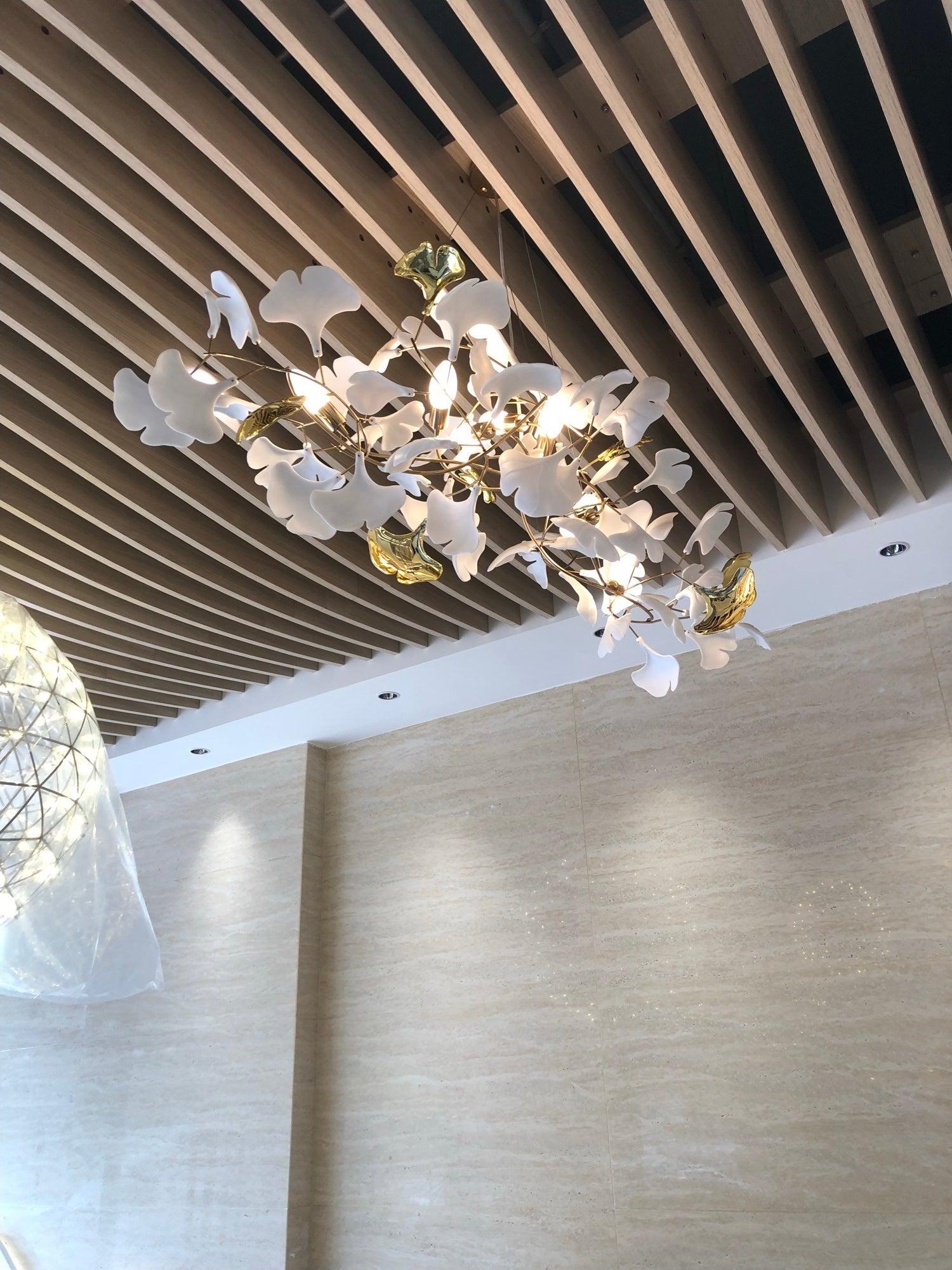 Chandelier White Ceramic Ginkgo Petals Gold Organic Art Nouveau - Letslighting