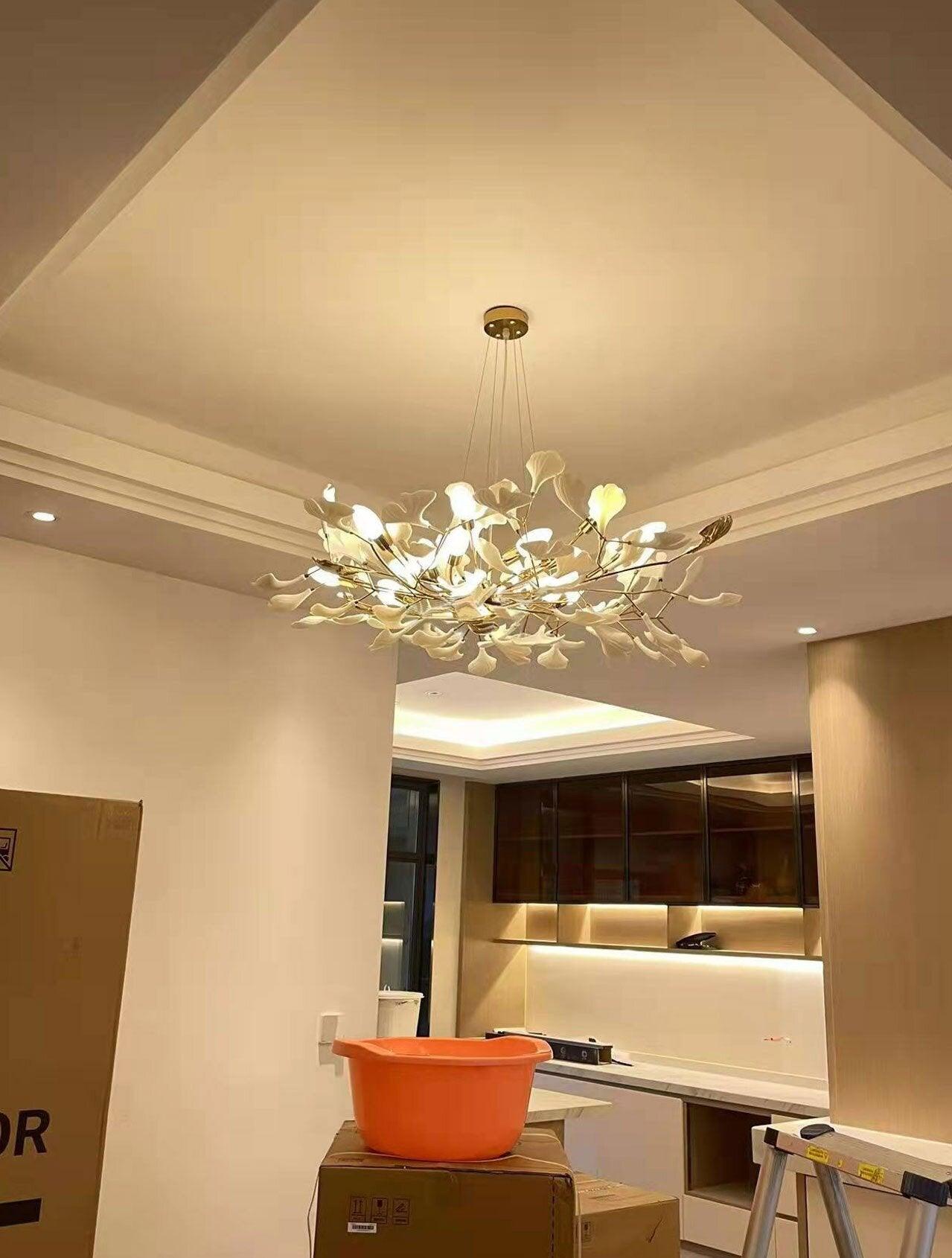 Chandelier White Ceramic Ginkgo Petals Gold Organic Art Nouveau - Letslighting