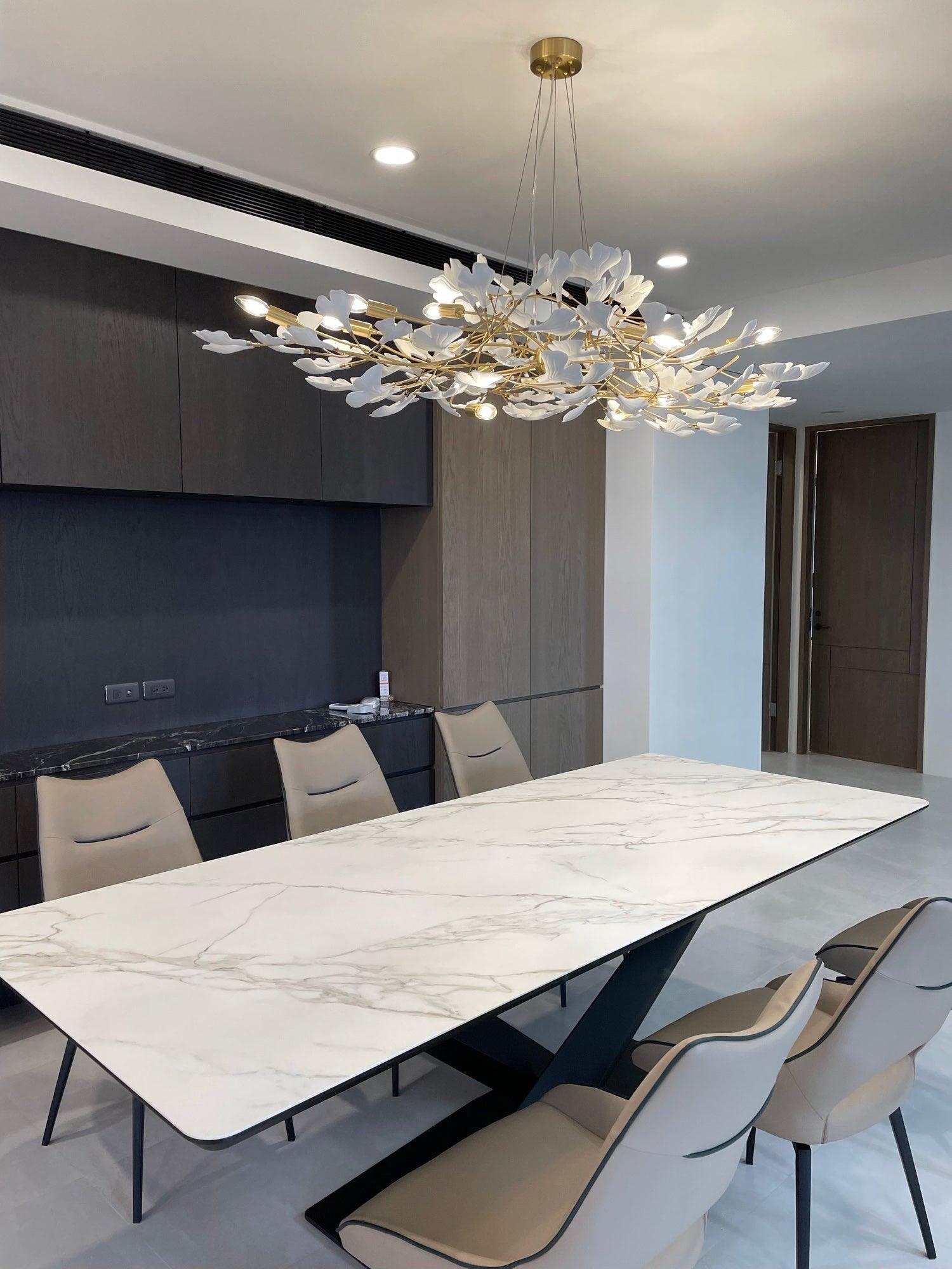 Chandelier White Ceramic Ginkgo Petals Gold Organic Art Nouveau - Letslighting