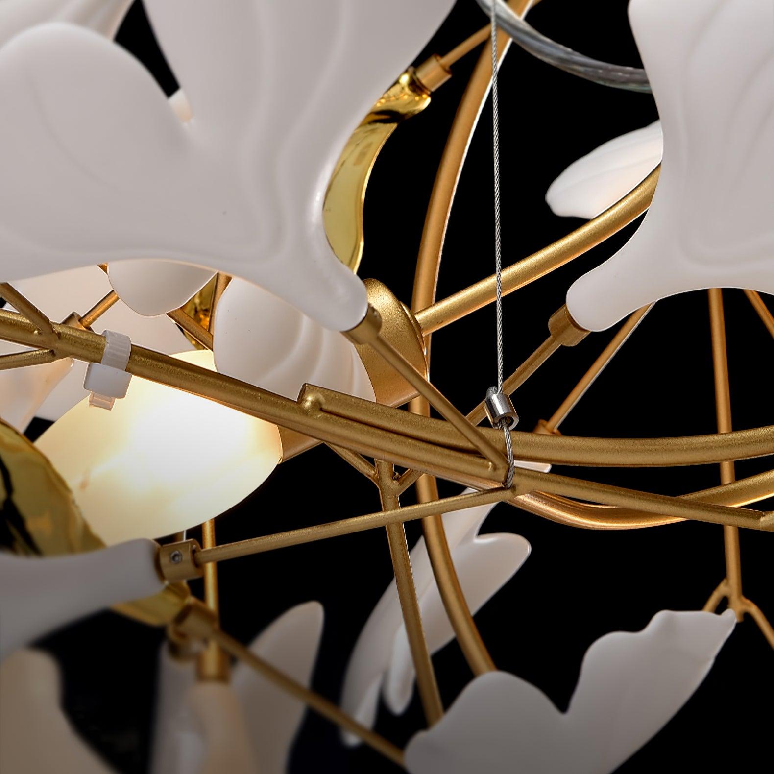 Chandelier White Ceramic Ginkgo Petals Gold Organic Art Nouveau - Letslighting