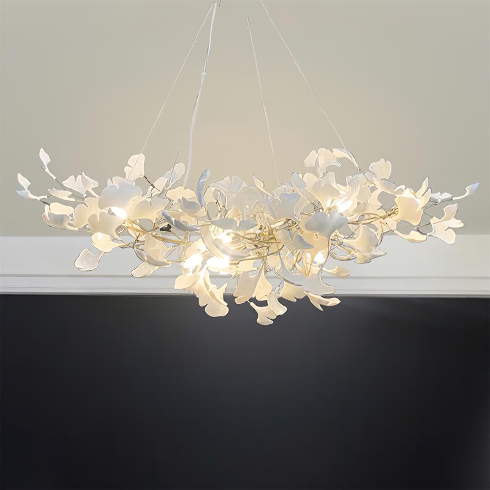 Chandelier White Ceramic Ginkgo Petals Gold Organic Art Nouveau - Letslighting